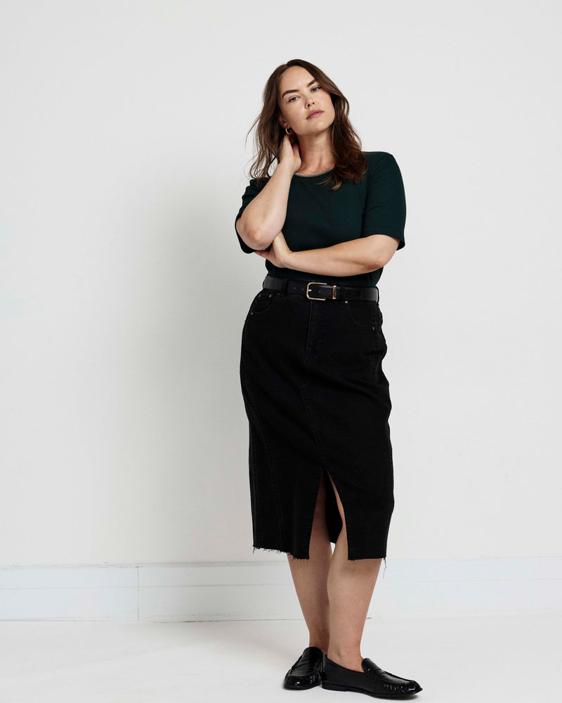 Classic Ribbed Tee - Forest Green/Striped Trim | Plus Size & Straight Size Women's Fashion | Universal Standard