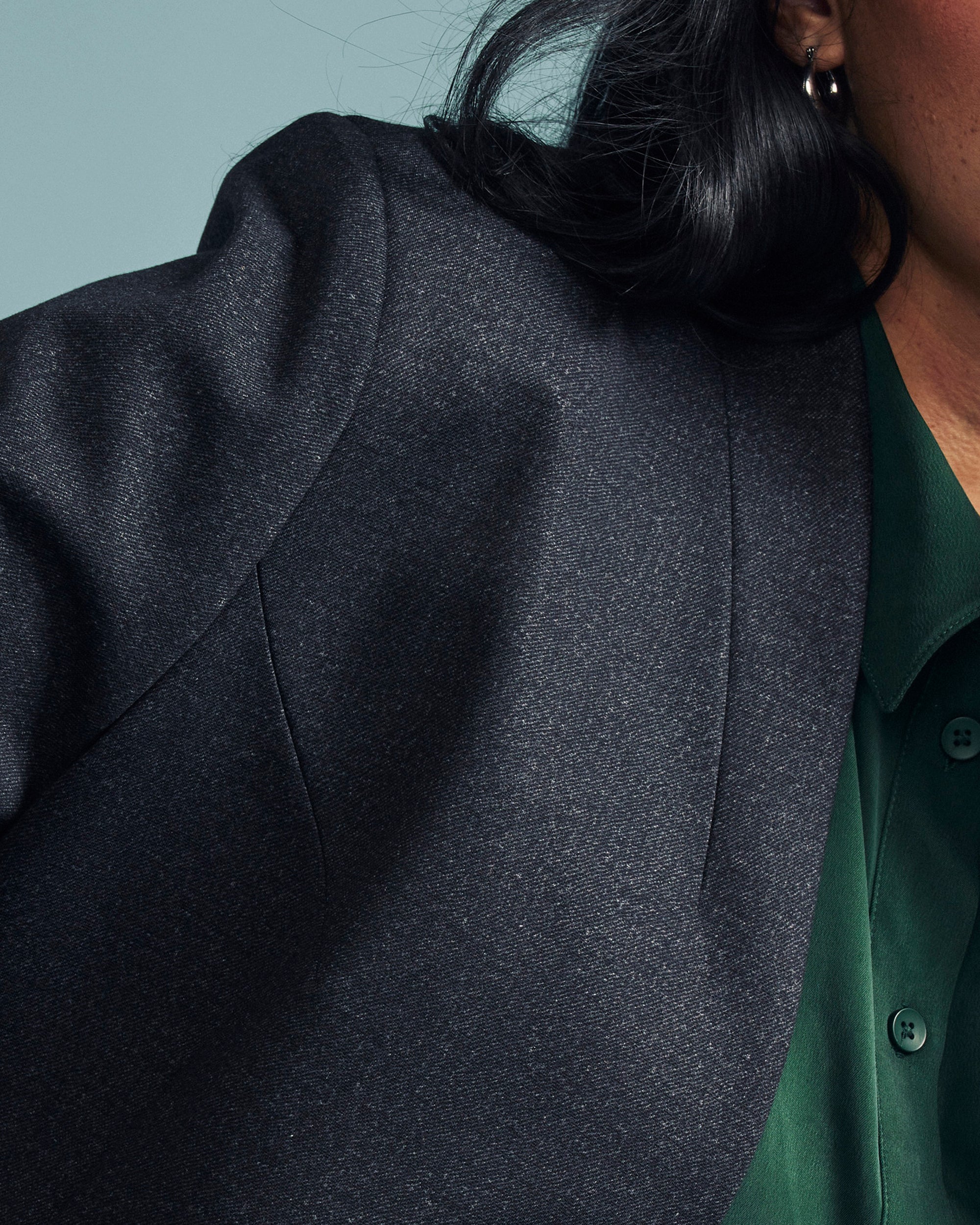 Woman wearing PowerPonte Denim Collarless Blazer - Charcoal from Universal Standard