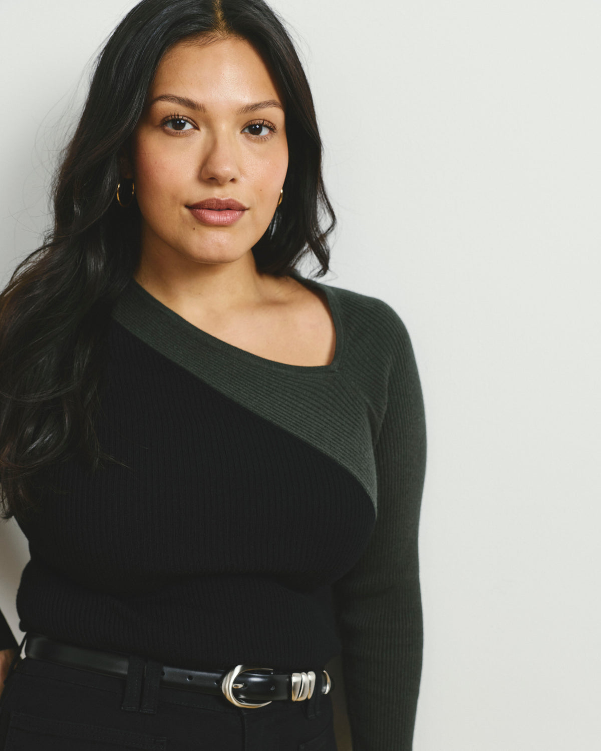 Savvy Fine Rib Asymmetric Sweater - Black/Olive | Plus Size & Straight Size Women's Fashion | Universal Standard