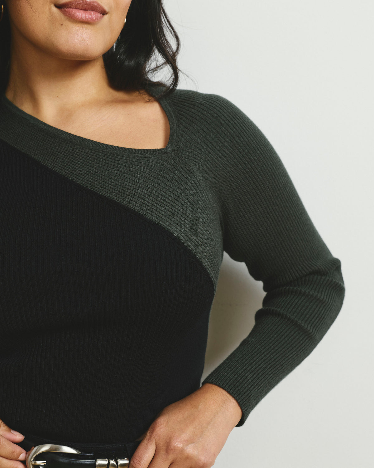 Savvy Fine Rib Asymmetric Sweater - Black/Olive | Plus Size & Straight Size Women's Fashion | Universal Standard