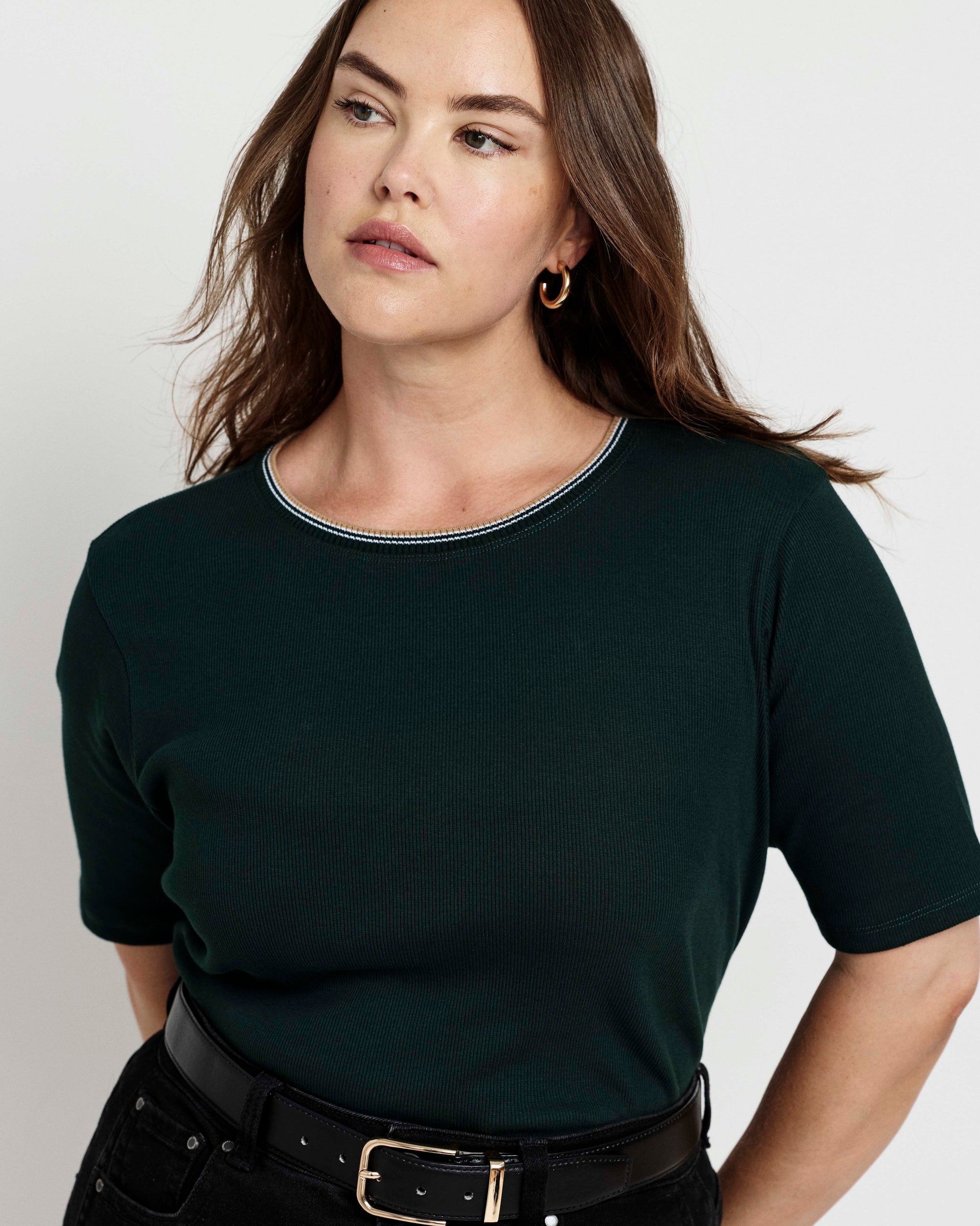 Classic Ribbed Tee - Forest Green/Striped Trim | Plus Size & Straight Size Women's Fashion | Universal Standard