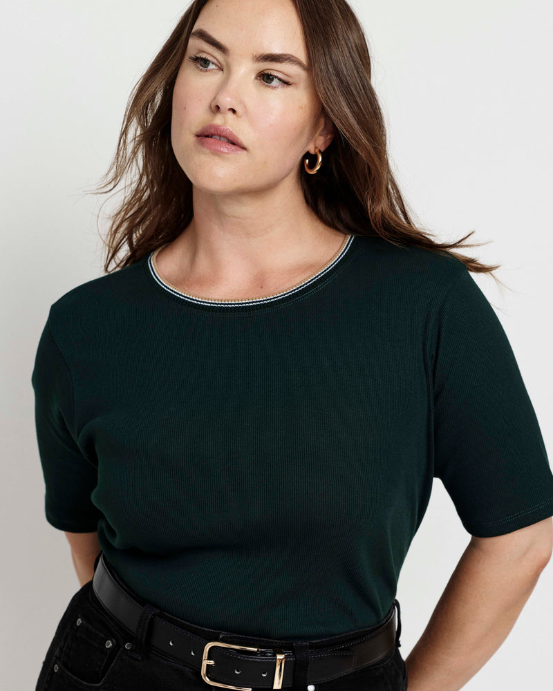 Classic Ribbed Tee - Forest Green/Striped Trim | Plus Size & Straight Size Women's Fashion | Universal Standard