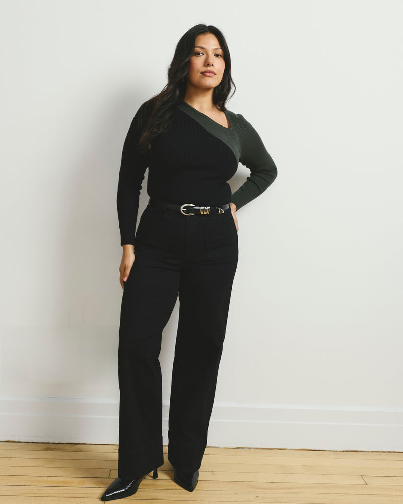 Savvy Fine Rib Asymmetric Sweater - Black/Olive