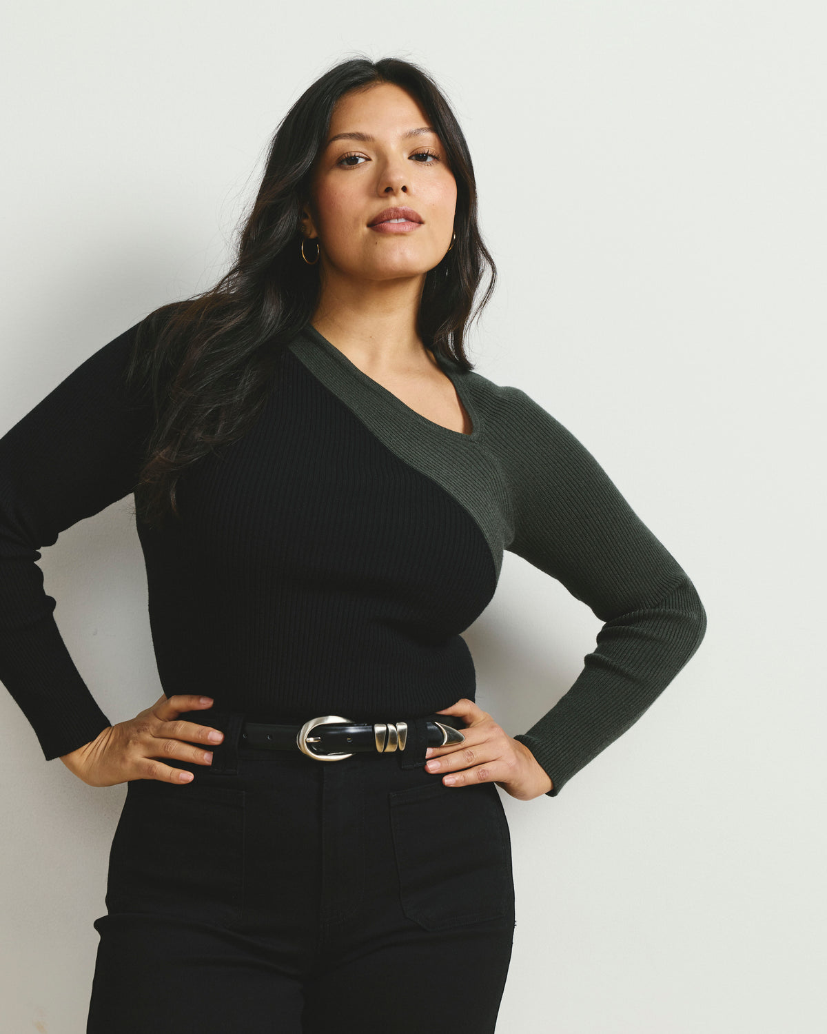 Savvy Fine Rib Asymmetric Sweater - Black/Olive | Plus Size & Straight Size Women's Fashion | Universal Standard