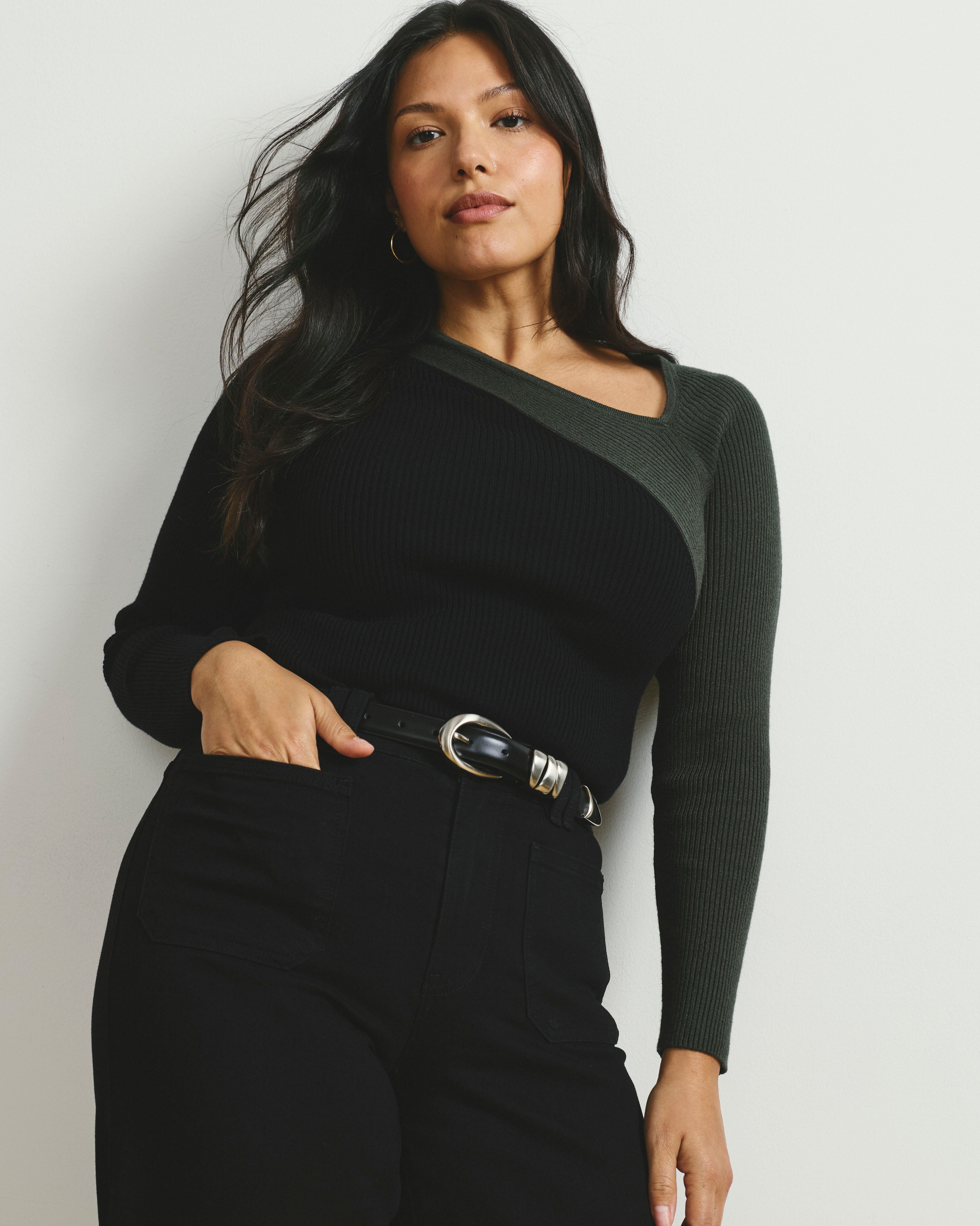 Savvy Fine Rib Asymmetric Sweater - Black/Olive