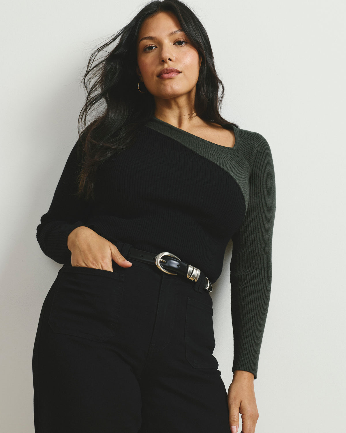 Savvy Fine Rib Asymmetric Sweater - Black/Olive | Plus Size & Straight Size Women's Fashion | Universal Standard