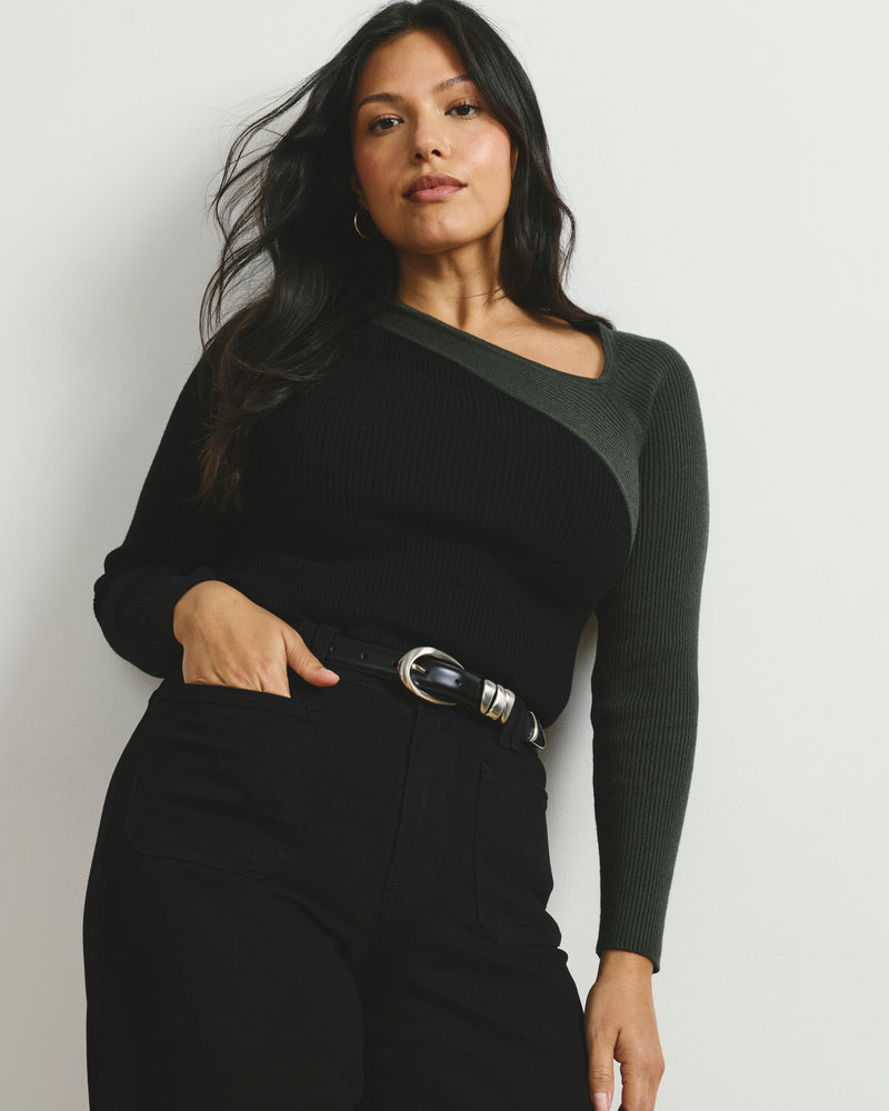 Savvy Fine Rib Asymmetric Sweater - Black/Olive