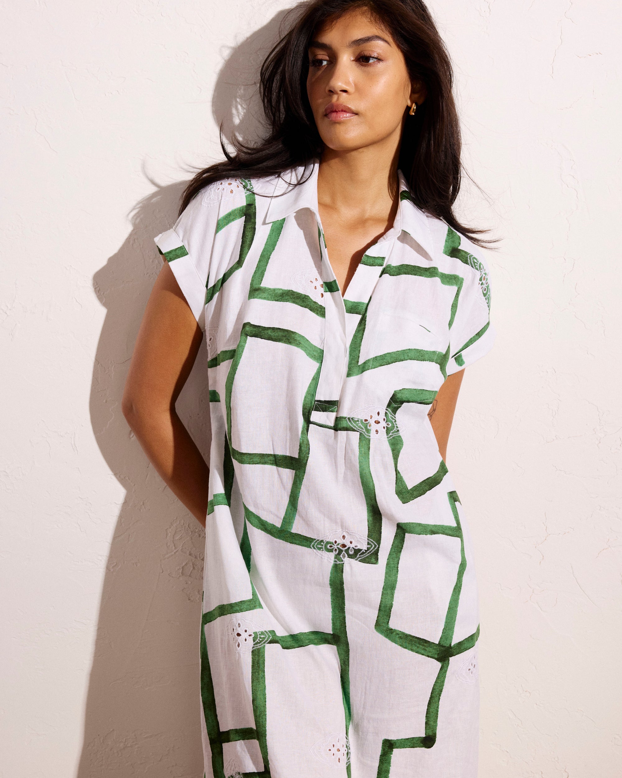 Sunshine Linen Polo Dress - Green Paint Print Universal Standard Sunshine Linen Polo Dress - Green Paint Print Universal Standard