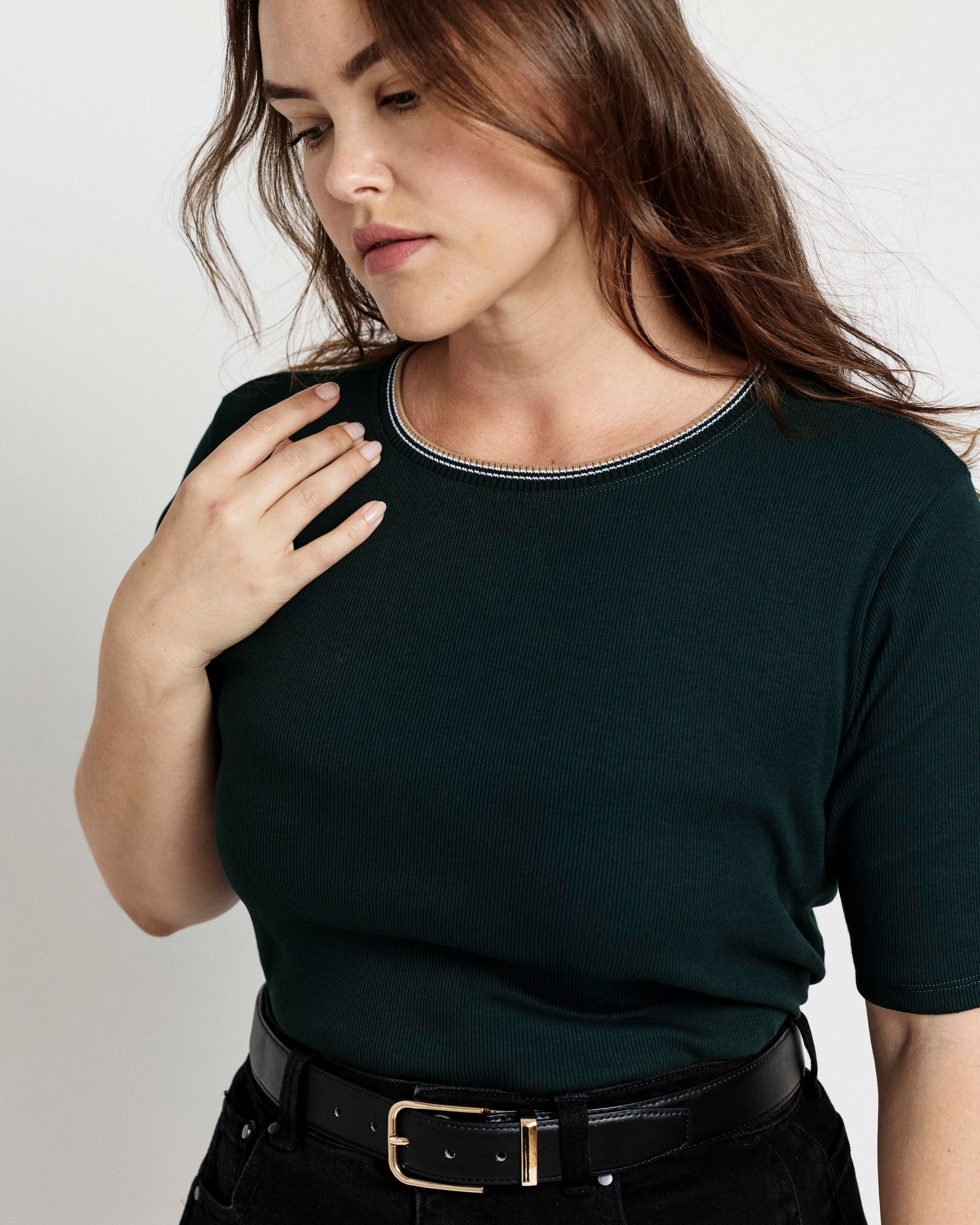 Classic Ribbed Tee - Forest Green/Striped Trim | Plus Size & Straight Size Women's Fashion | Universal Standard