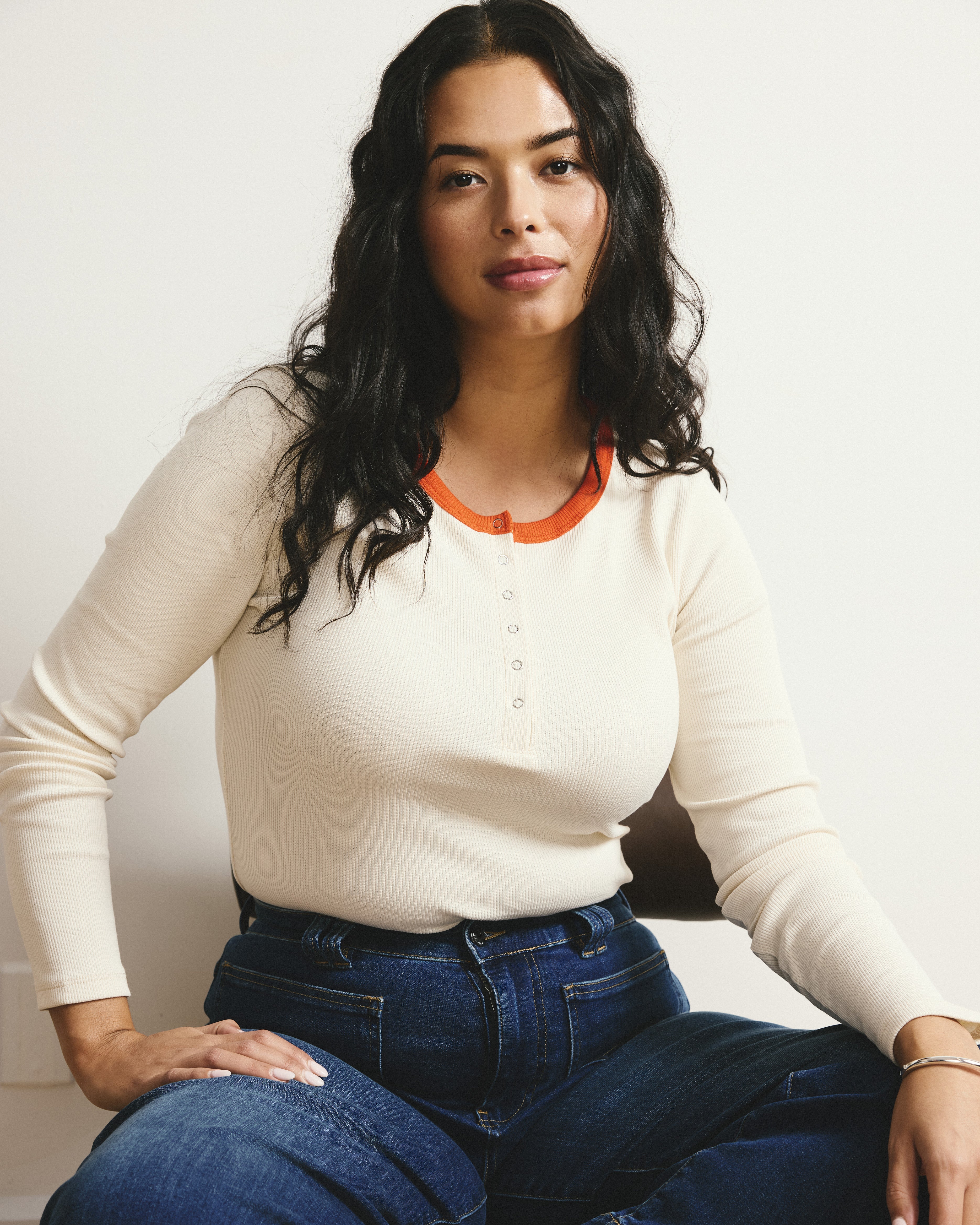 Henley Long Sleeve Ribbed Tee - Chamomile/Poppy Trim