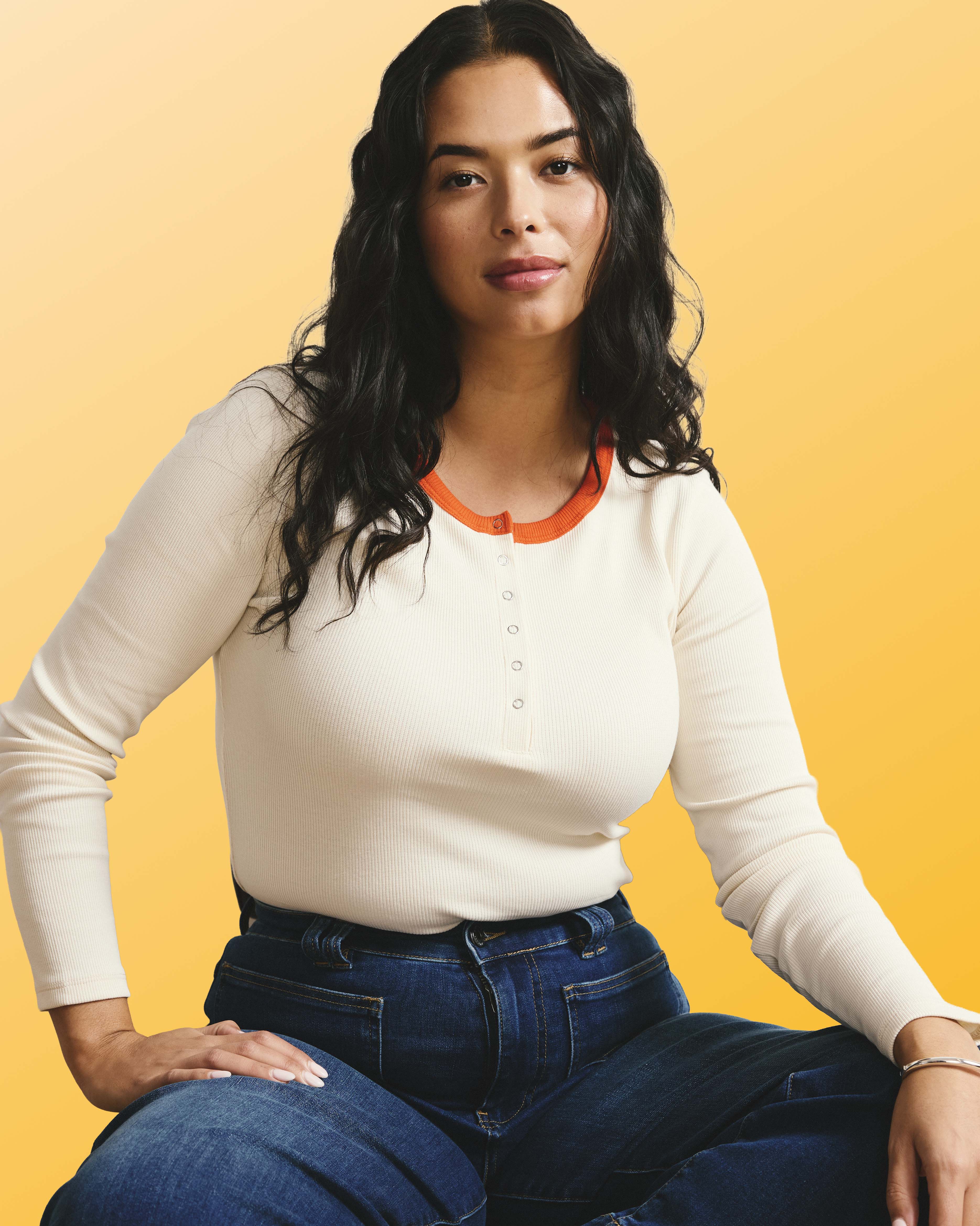 Henley Long Sleeve Ribbed Tee - Chamomile/Poppy Trim | Plus Size & Straight Size Women's Fashion | Universal Standard