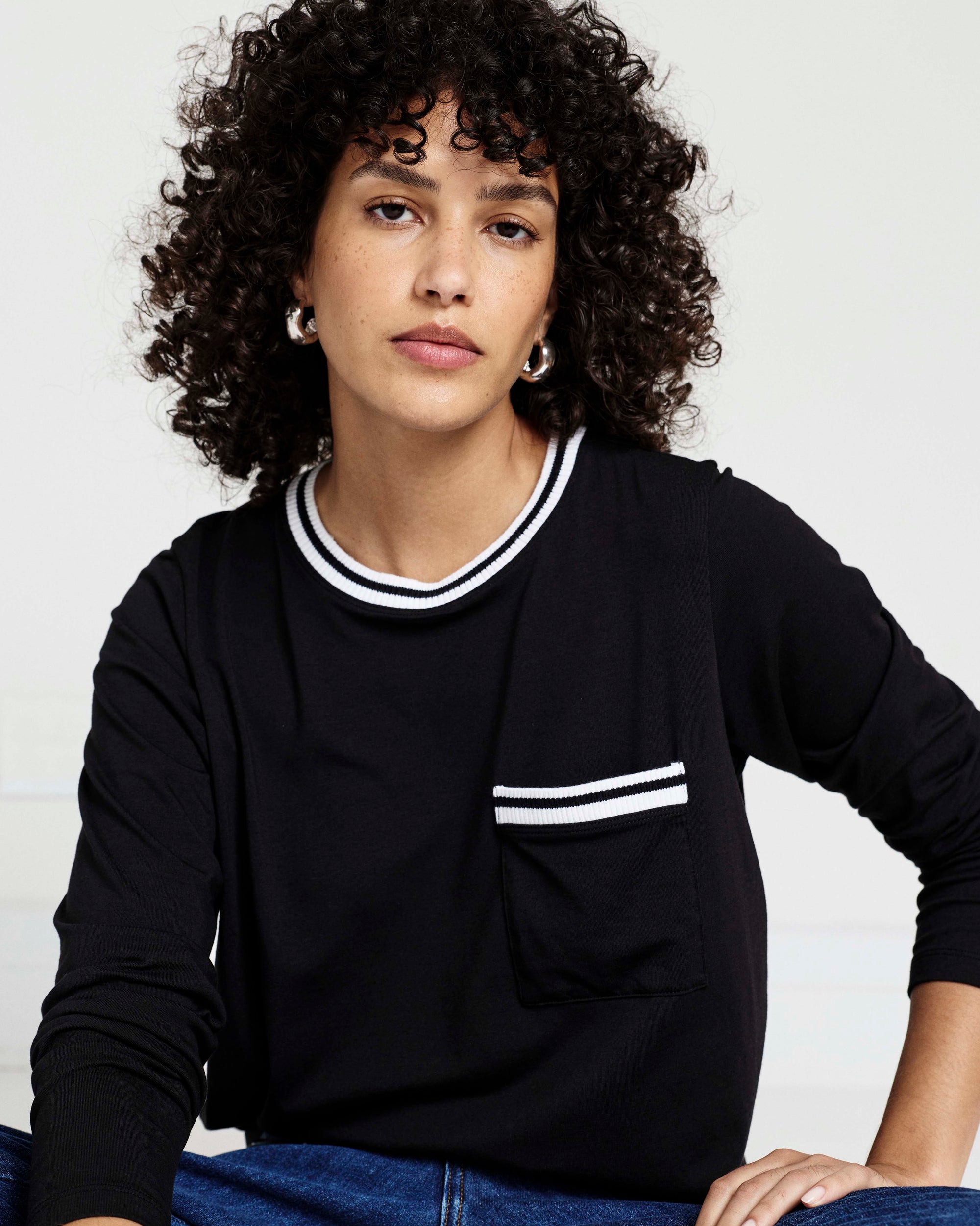 Long Sleeve Garcon Tee - Black/White Trim | Plus Size & Straight Size Women's Fashion | Universal Standard