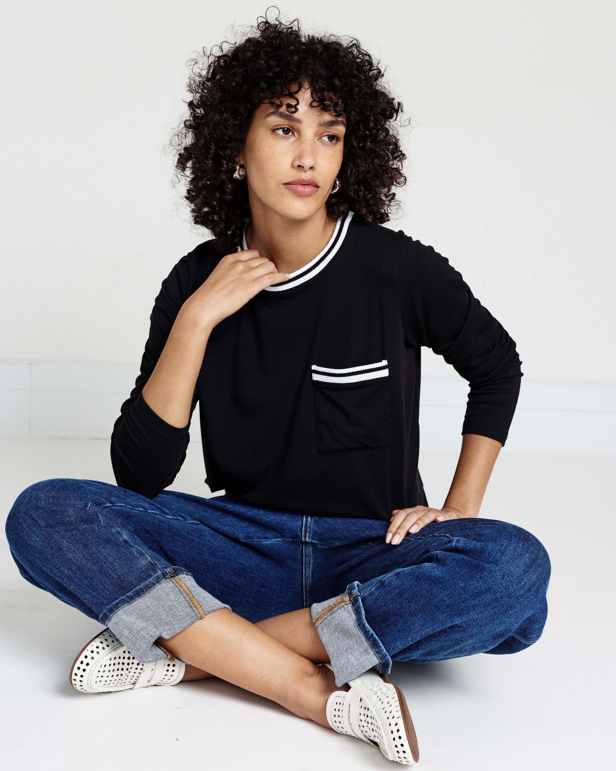 Long Sleeve Garcon Tee - Black/White Trim | Plus Size & Straight Size Women's Fashion | Universal Standard