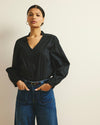 Woman wearing Saint-Honore Poplin Blouse - Black from Universal Standard