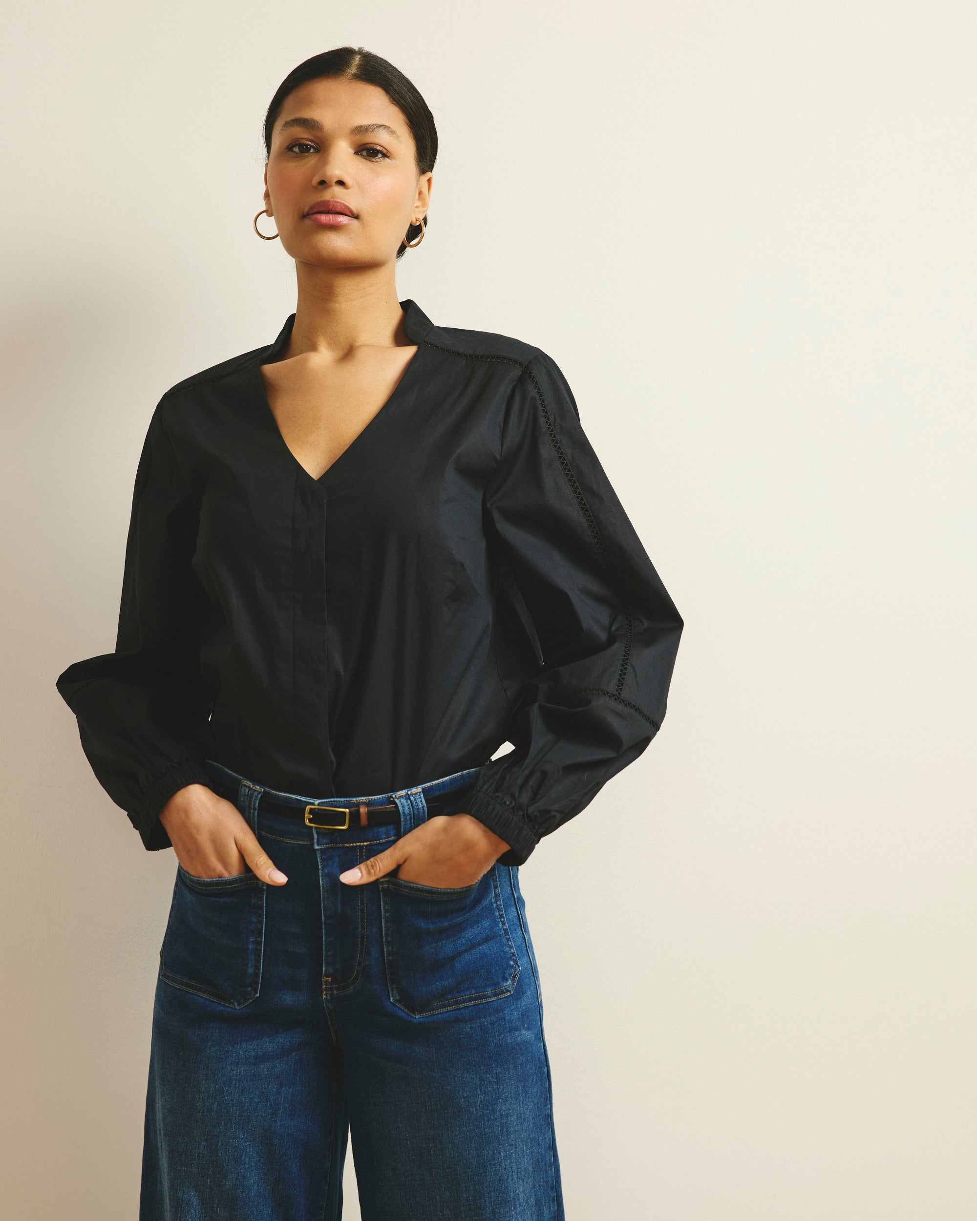 Woman wearing Saint-Honore Poplin Blouse - Black from Universal Standard