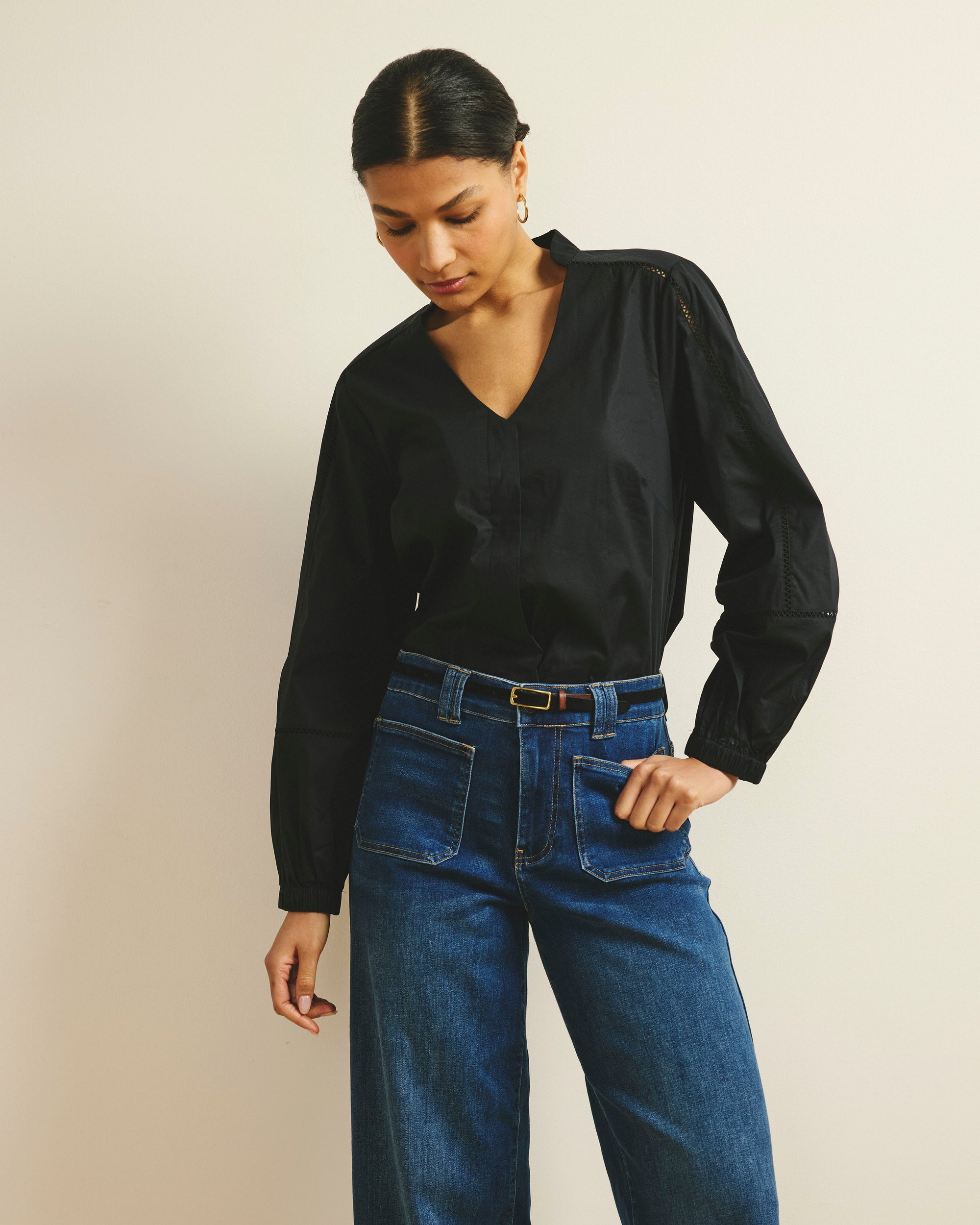 Woman wearing Saint-Honore Poplin Blouse - Black from Universal Standard