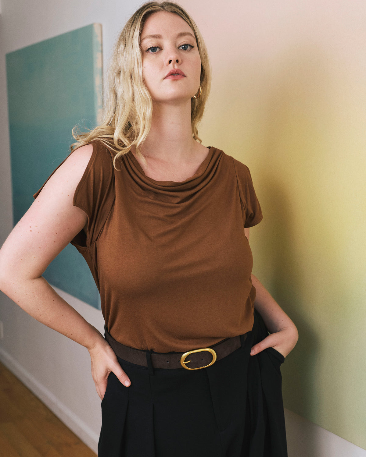 Oval Buckle Suede Belt - Brown/Gold