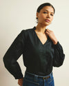 Woman wearing Saint-Honore Poplin Blouse - Black from Universal Standard