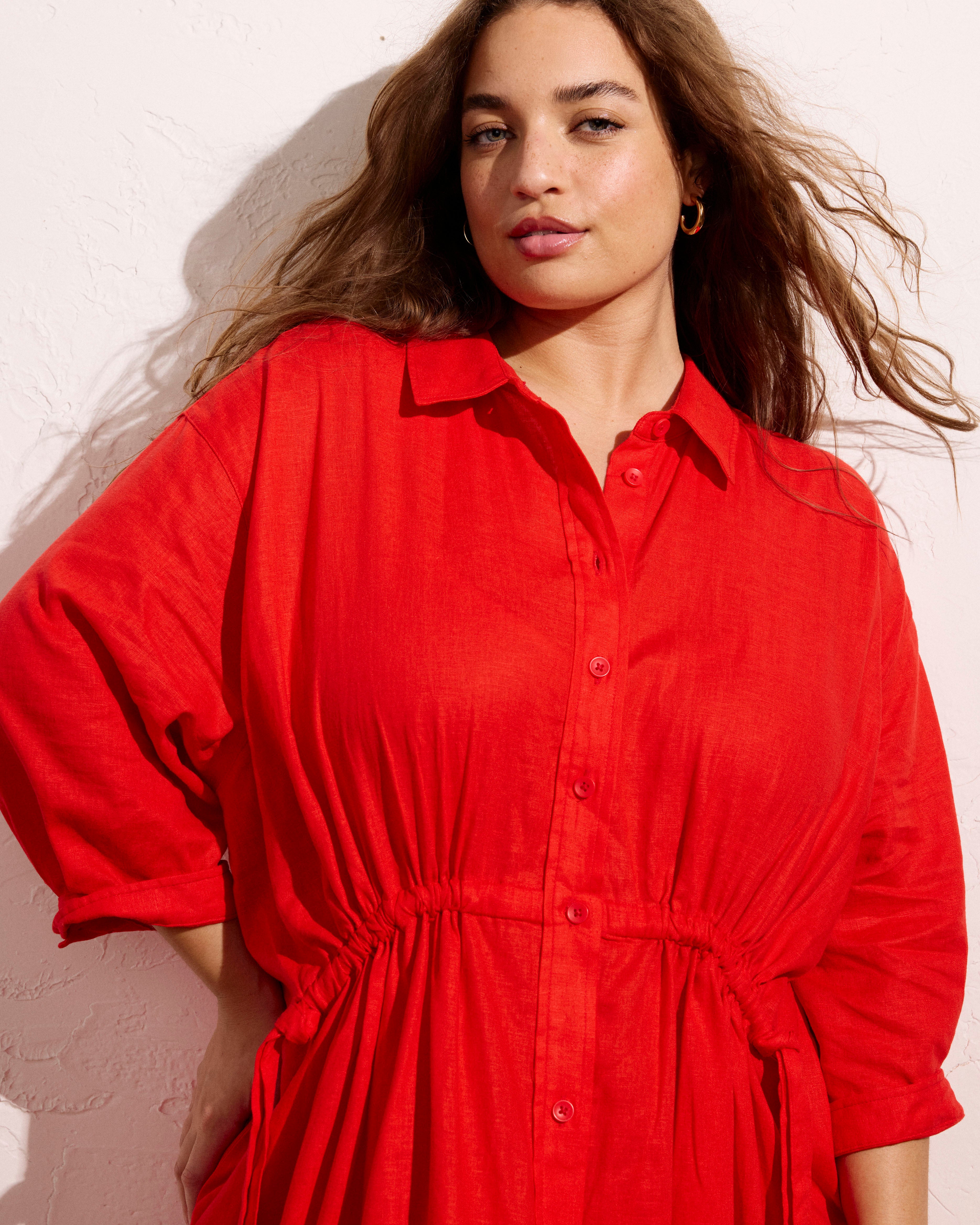 Paros Drawstring Linen Blend Shirtdress - Shoreline Sunset