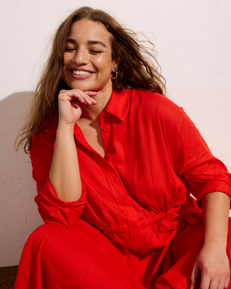 Paros Drawstring Linen Shirtdress - Shoreline Sunset | Plus Size & Straight Size Women's Fashion | Universal Standard