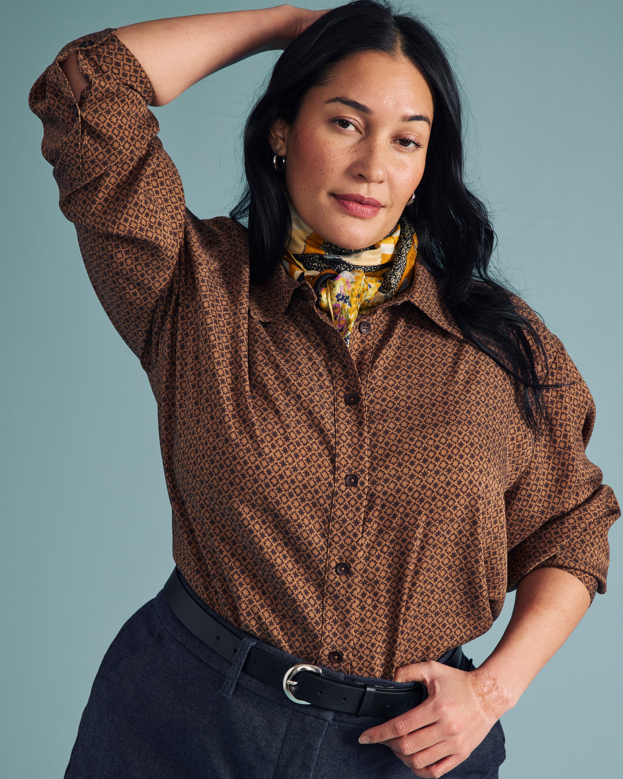 Cooling Stretch Cupro Oversized Artist Shirt - / Brown Hacienda Print- Size3XS
