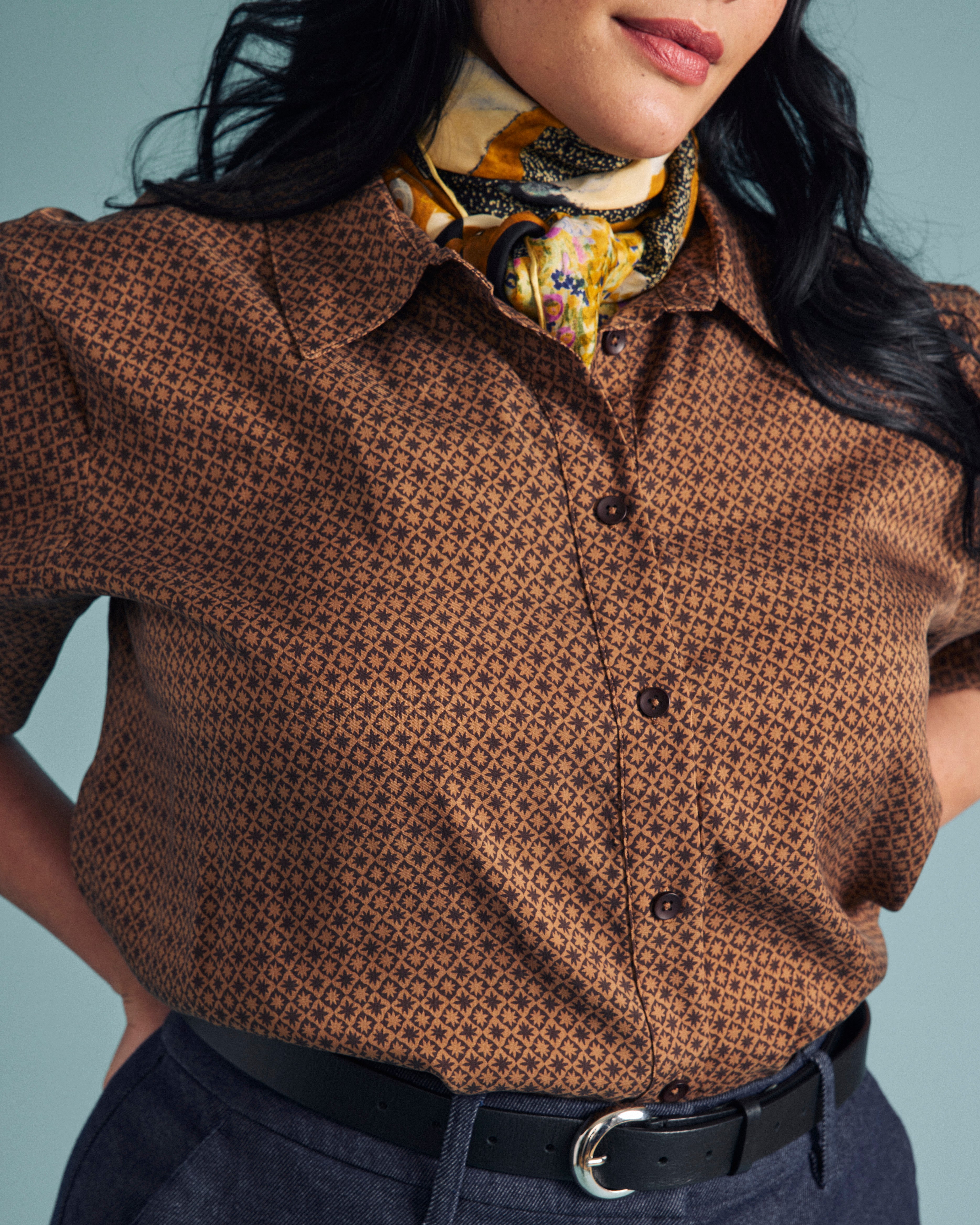 Cooling Stretch Cupro Artist Shirt - Brown Hacienda Print