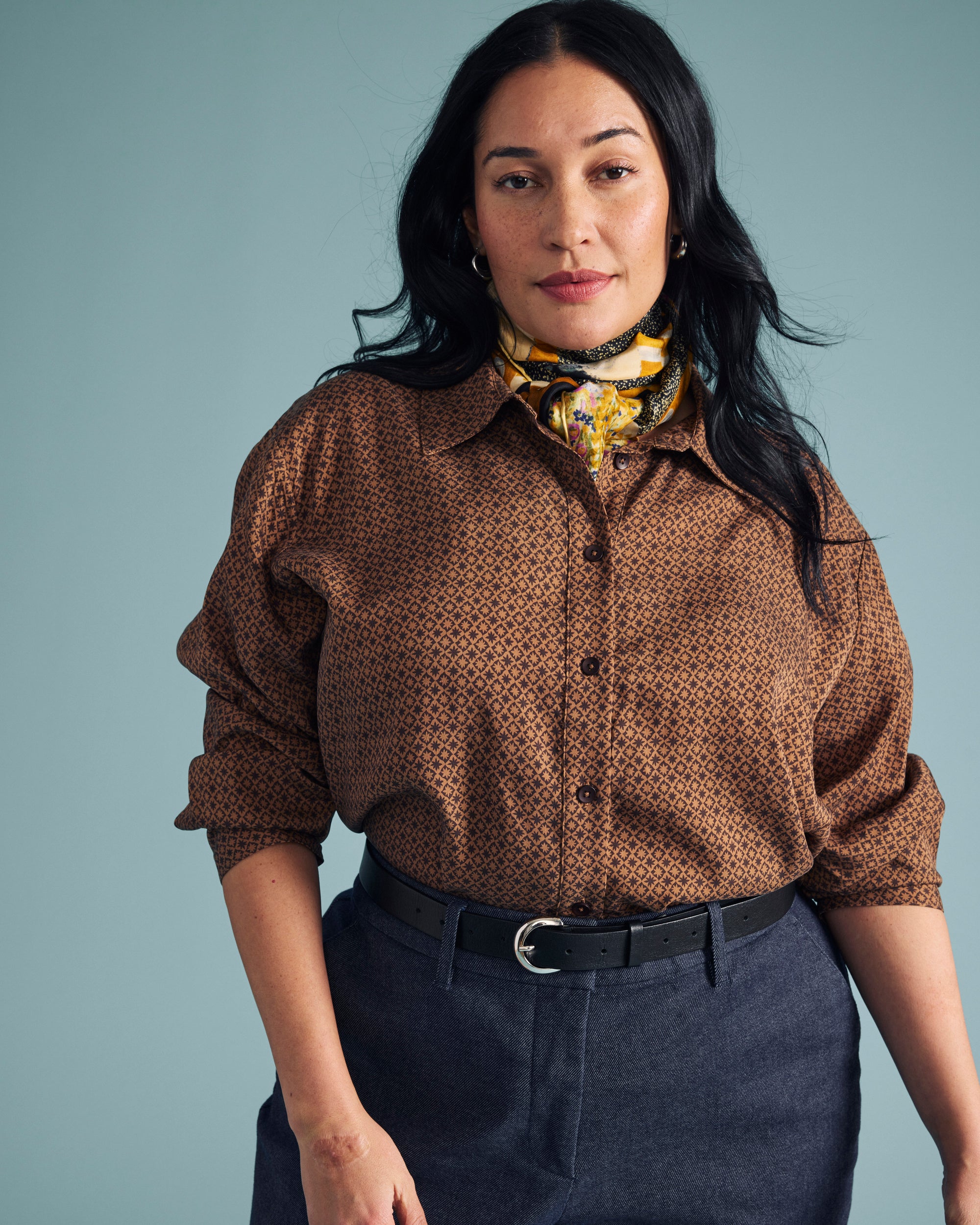 Cooling Stretch Cupro Oversized Artist Shirt - / Brown Hacienda Print- Size3XS