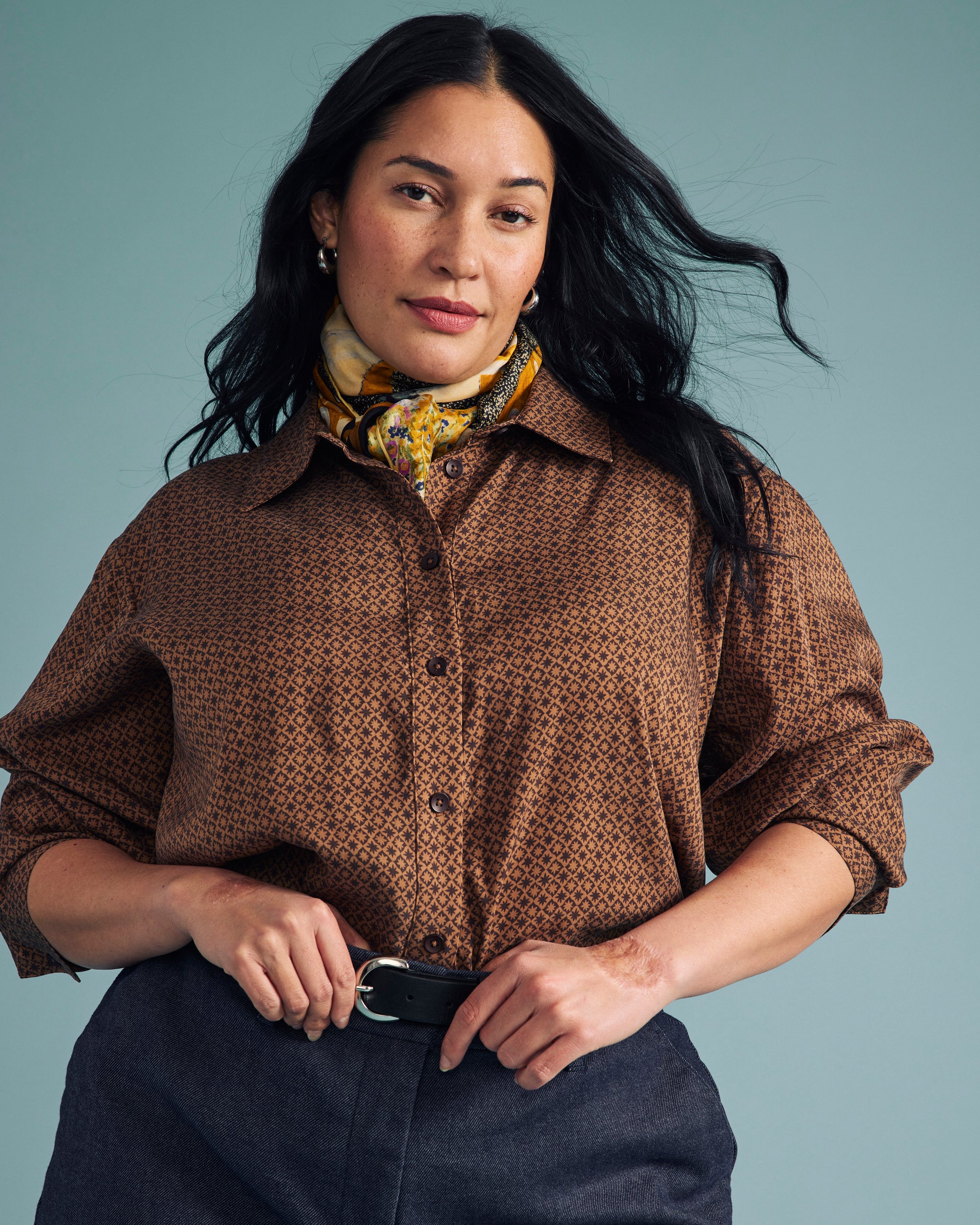 Cooling Stretch Cupro Artist Shirt - Brown Hacienda Print