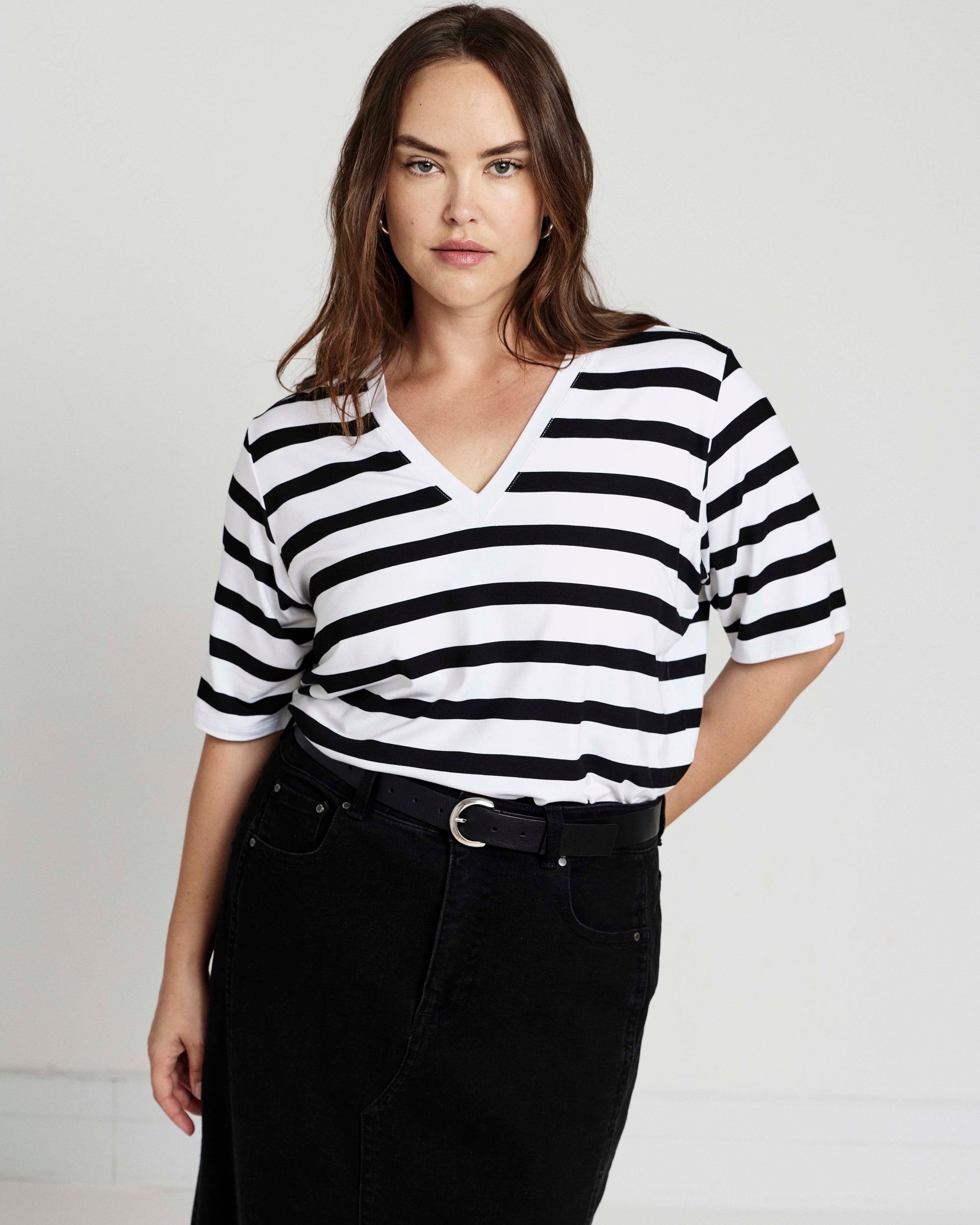 Maia Stovepipe Sleeve V Neck Tee - Black/White Stripe | Plus Size & Straight Size Women's Fashion | Universal Standard