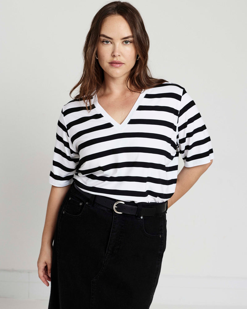 Maia Stovepipe Sleeve V Neck Tee - Black/White Stripe | Plus Size & Straight Size Women's Fashion | Universal Standard