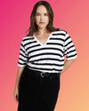 Maia Stovepipe Sleeve V Neck Tee - Black/White Stripe | Plus Size & Straight Size Women's Fashion | Universal Standard
