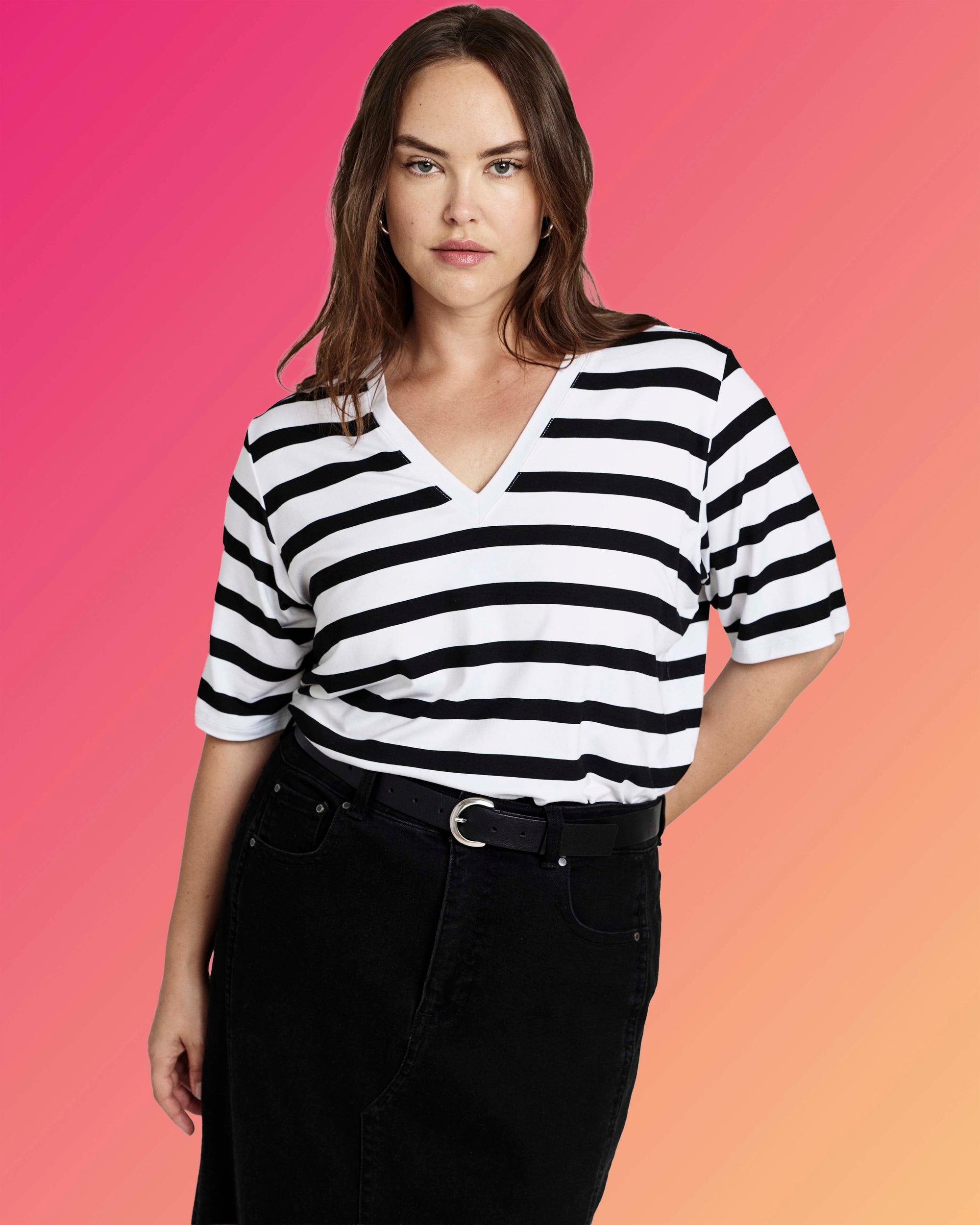 Maia Stovepipe Sleeve V Neck Tee - Black/White Stripe | Plus Size & Straight Size Women's Fashion | Universal Standard