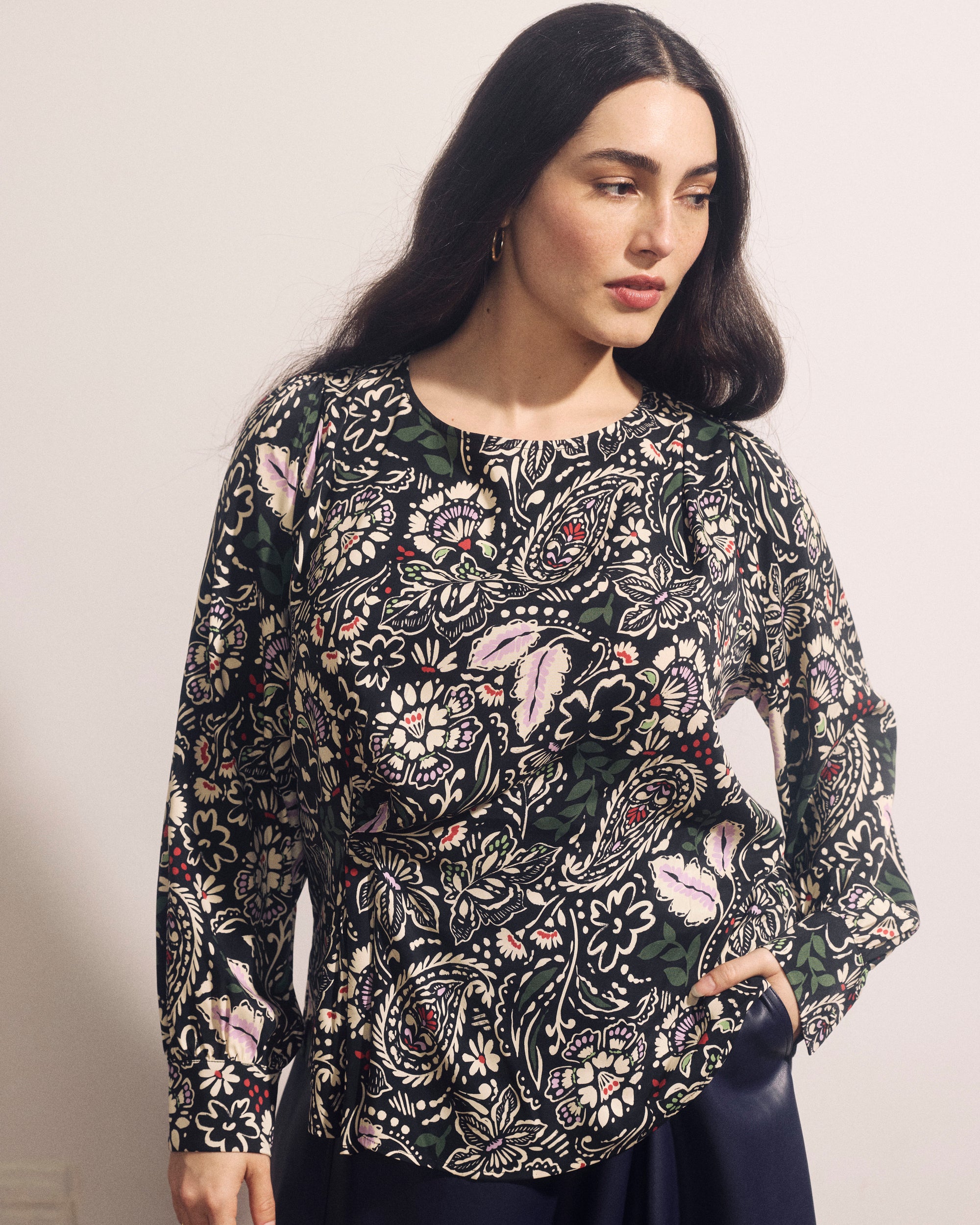 Sabrina Twist Front Stretch Cupro Blouse - Black Forest Print