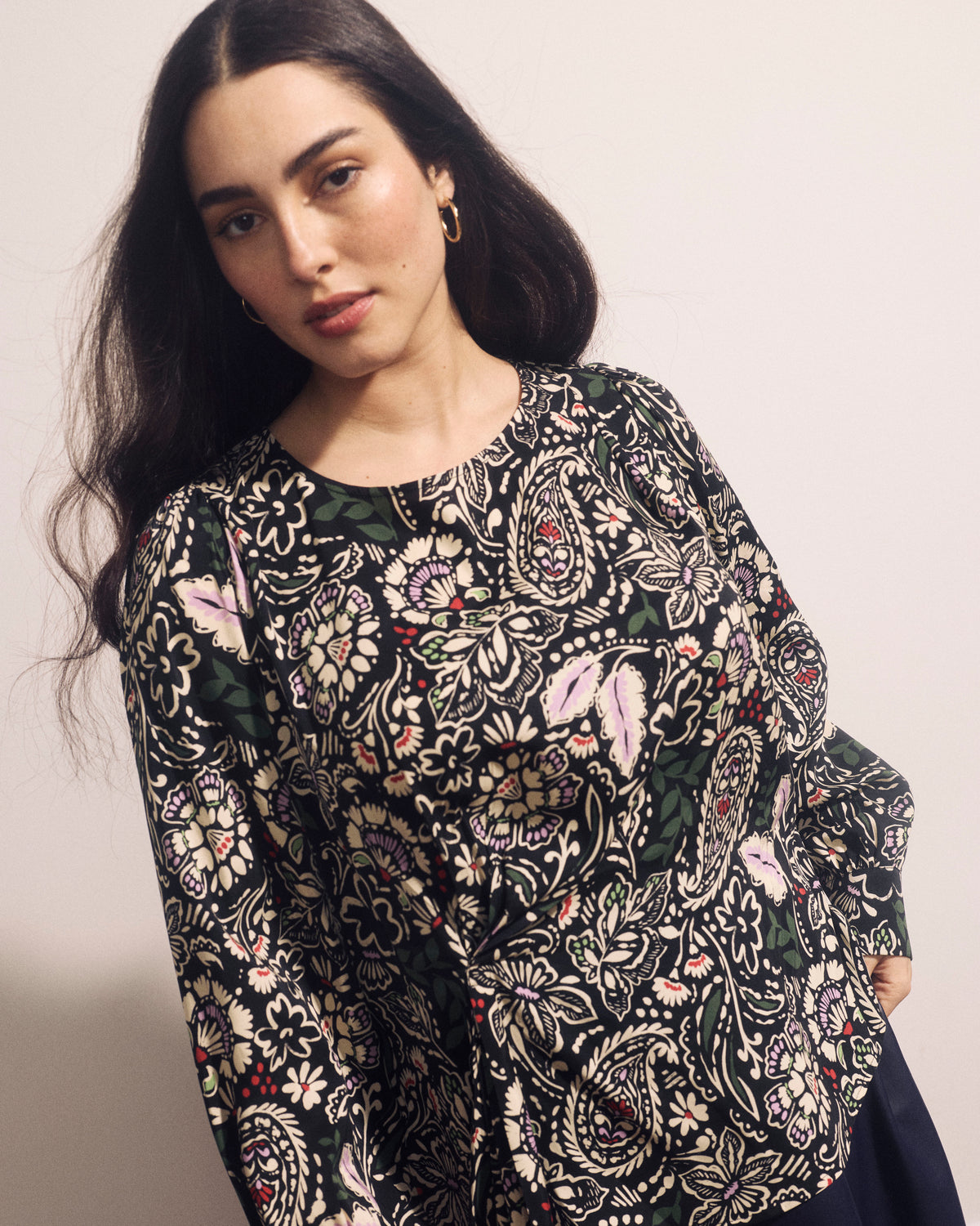 Sabrina Twist Front Stretch Cupro Blouse - Black Forest Print