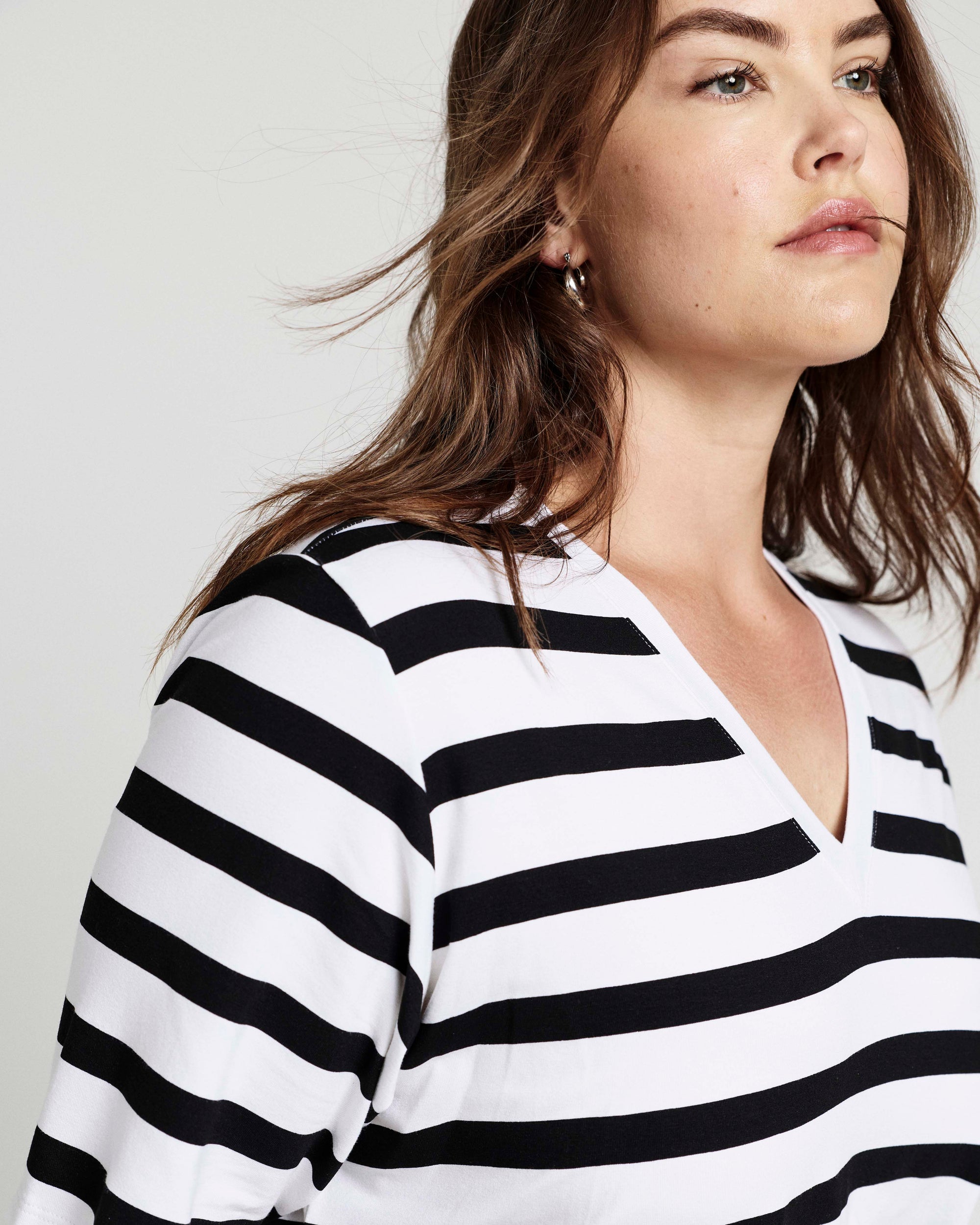 Maia Stovepipe Sleeve V Neck Tee - Black/White Stripe | Plus Size & Straight Size Women's Fashion | Universal Standard