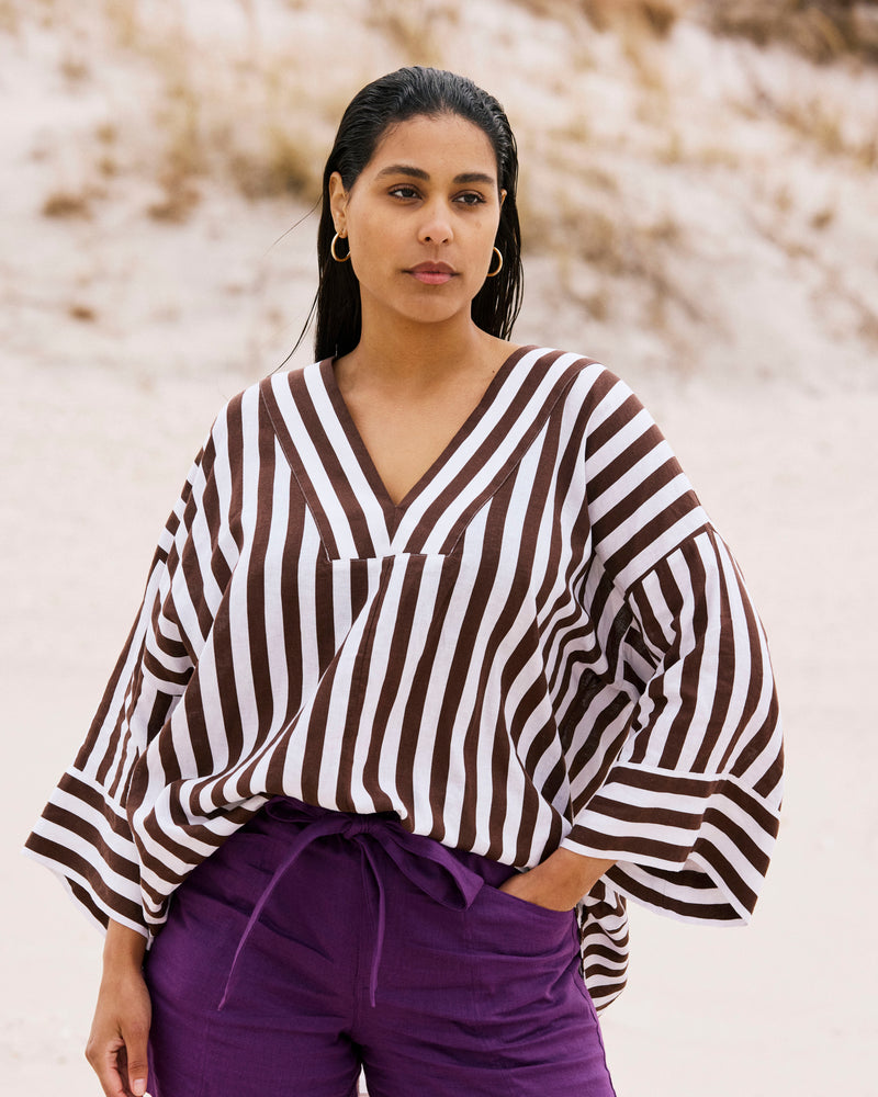 Elio V-Neck Linen Top - Peppercorn Stripe | Plus Size & Straight Size Women's Fashion | Universal Standard
