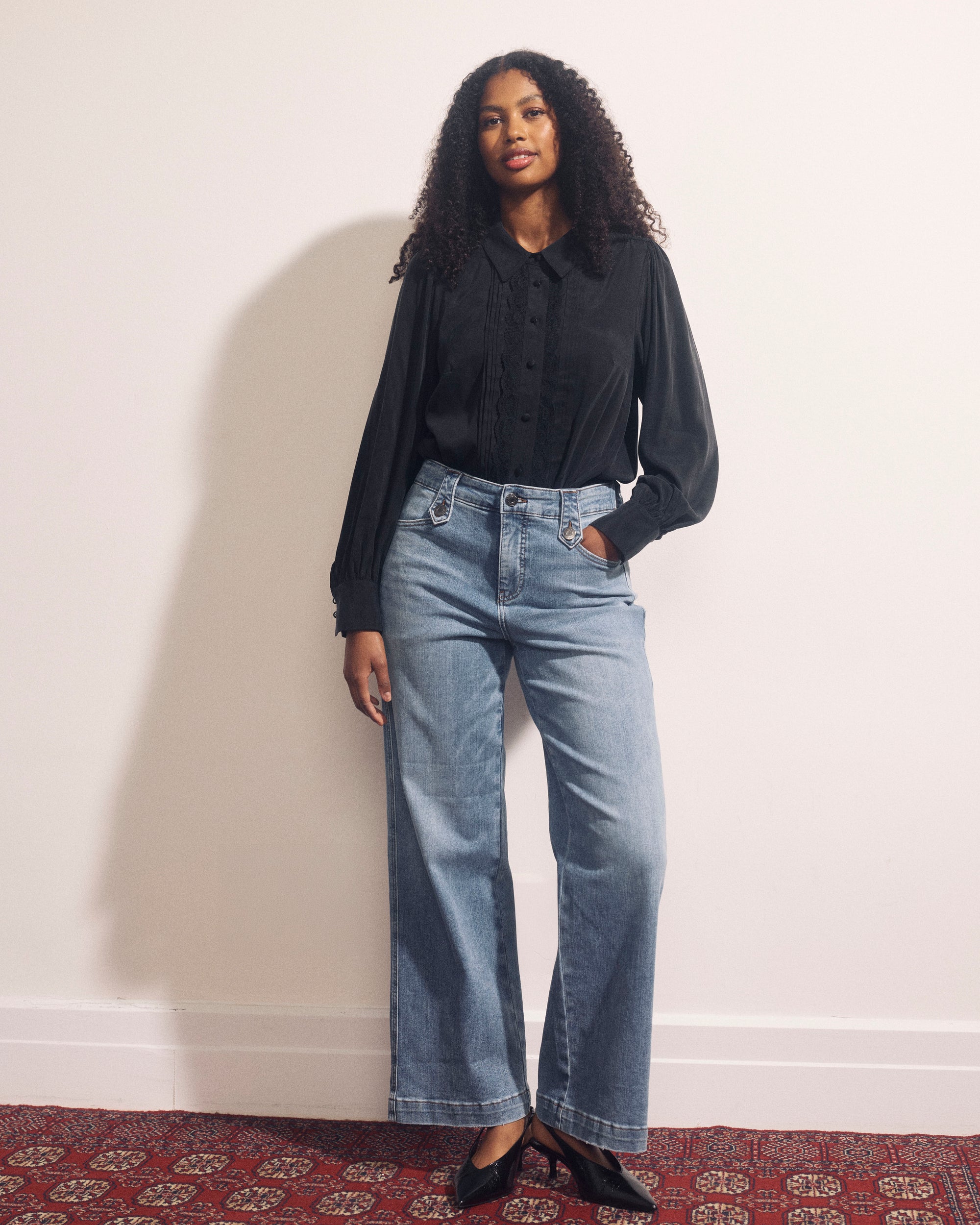 Spellbound Pleated Stretch Cupro Blouse - Black with Lace Trim