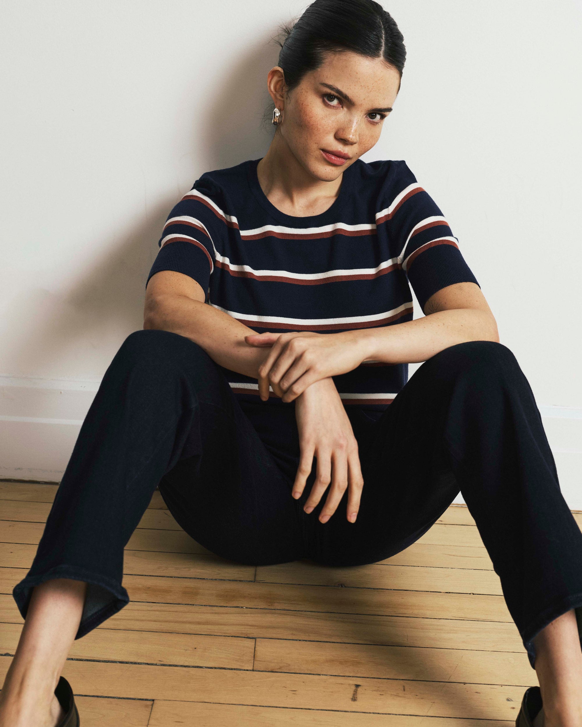 Savvy Fine Knit Sweater Top - Navy with Double Stripe | Plus Size & Straight Size Women's Fashion | Universal Standard