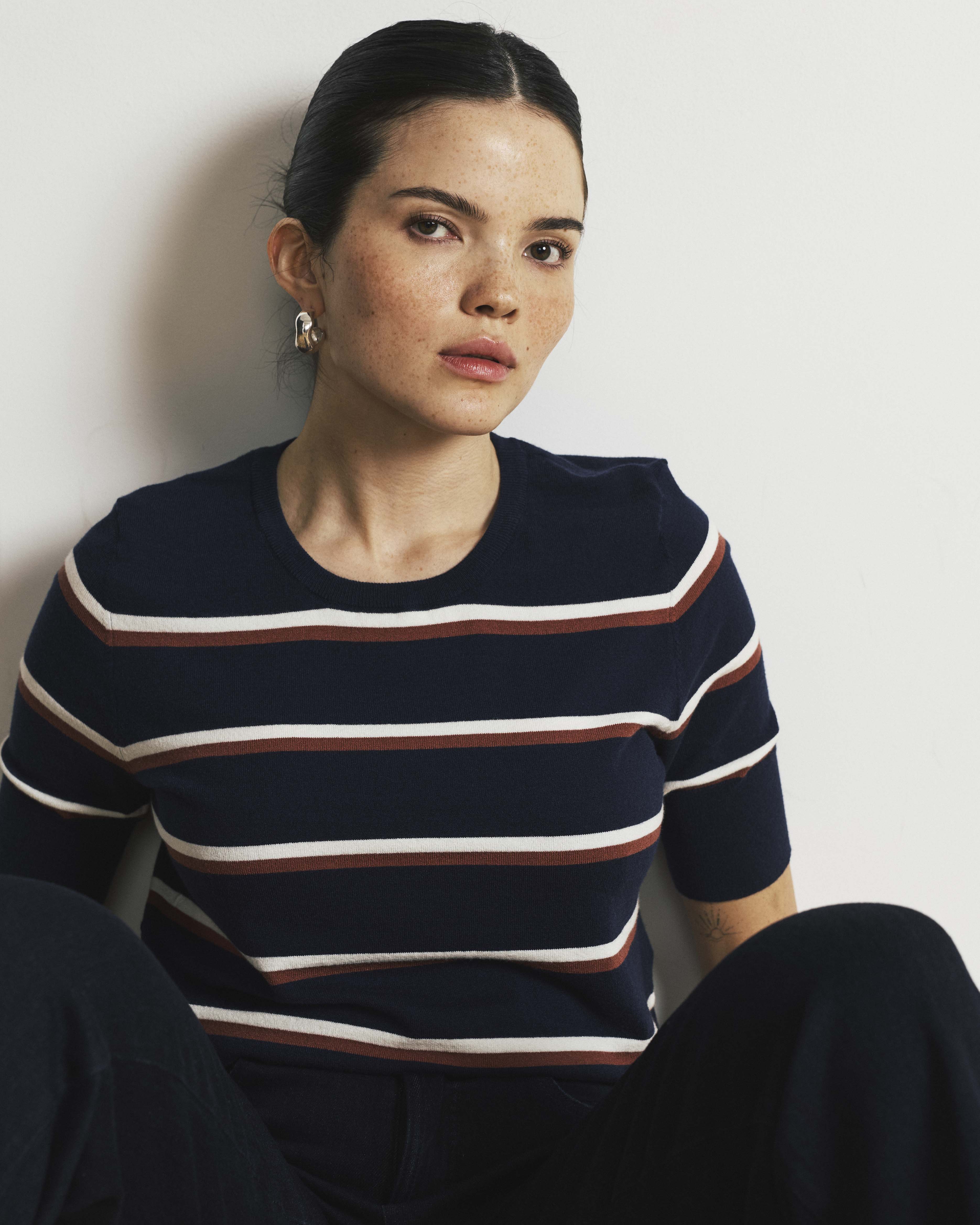 Savvy Fine Knit Sweater Top - Navy with Double Stripe | Plus Size & Straight Size Women's Fashion | Universal Standard