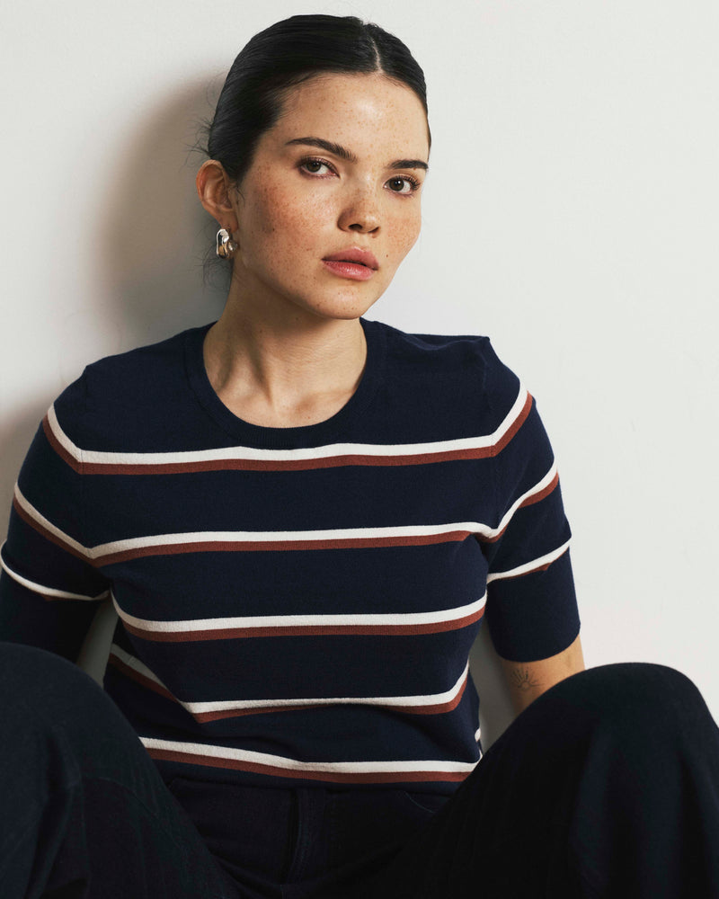 Savvy Fine Knit Sweater Top - Navy with Double Stripe | Plus Size & Straight Size Women's Fashion | Universal Standard