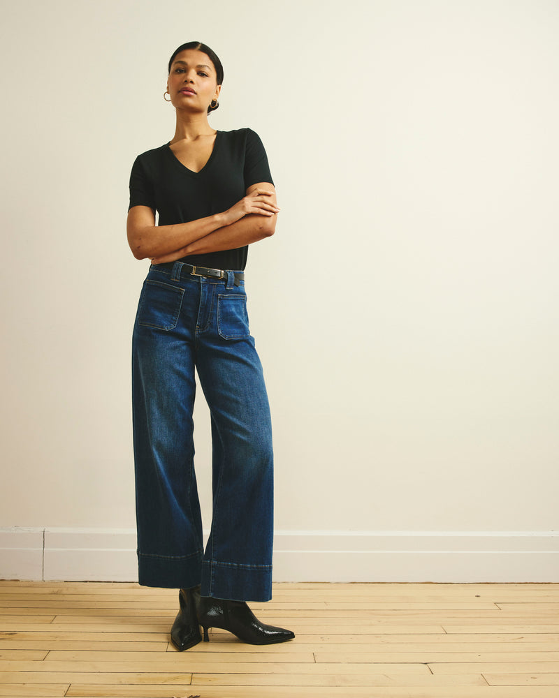Woman wearing Claudia High Rise Stretch Jeans - Naval Blue Wash from Universal Standard