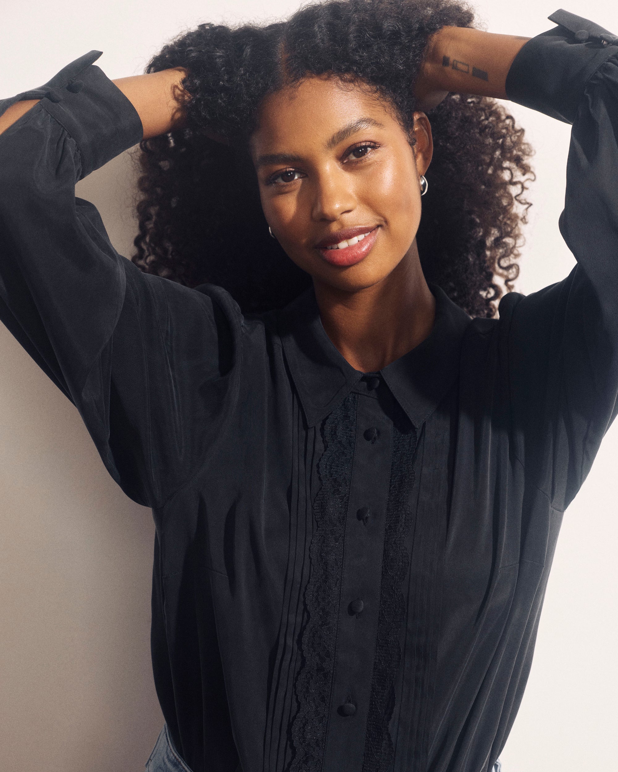 Spellbound Pleated Stretch Cupro Blouse - Black with Lace Trim