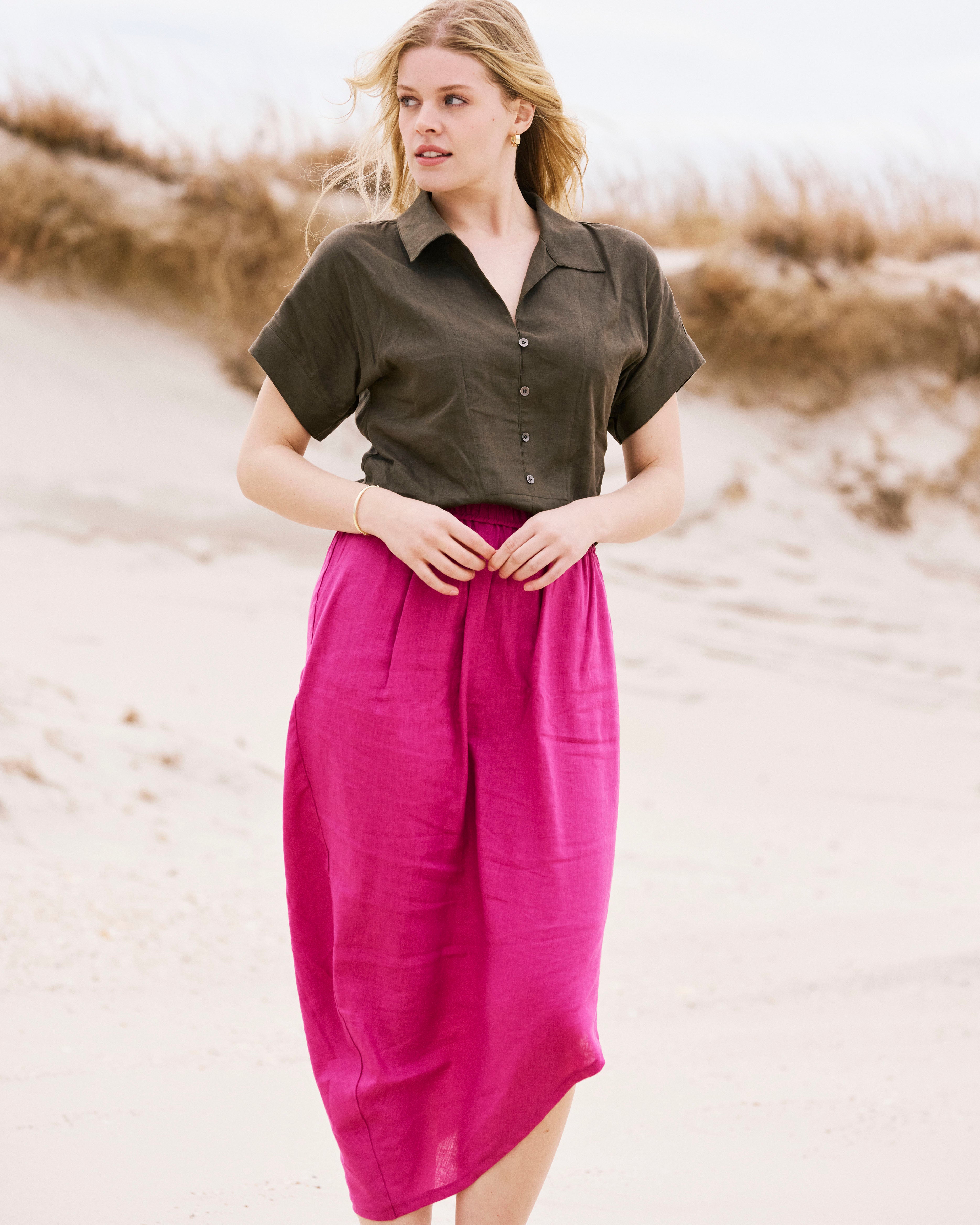 Sandy Short Sleeve Stretch Linen Blend Shirt - Camo | Plus Size & Straight Size Women's Fashion | Universal Standard