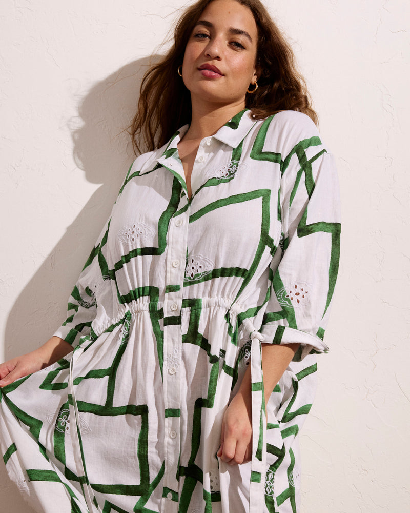 Woman wearing Paros Drawstring Linen Shirtdress - Green Paint Print from Universal Standard