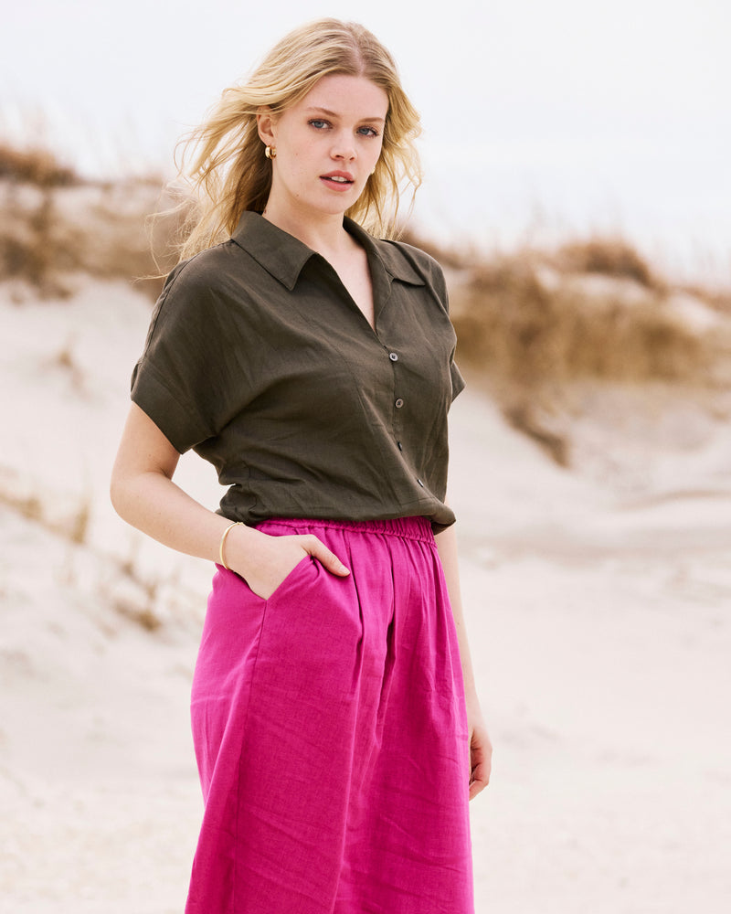 Sandy Short Sleeve Stretch Linen Shirt - Camo | Plus Size & Straight Size Women's Fashion | Universal Standard