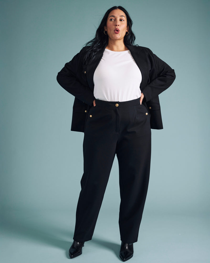 Audrey Tailored Ponte Pants - Black with Gold Buttons