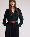 Woman wearing Georgette Satin Cambria Blouse - Black from Universal Standard
