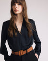 Woman wearing Georgette Satin Cambria Blouse - Black from Universal Standard