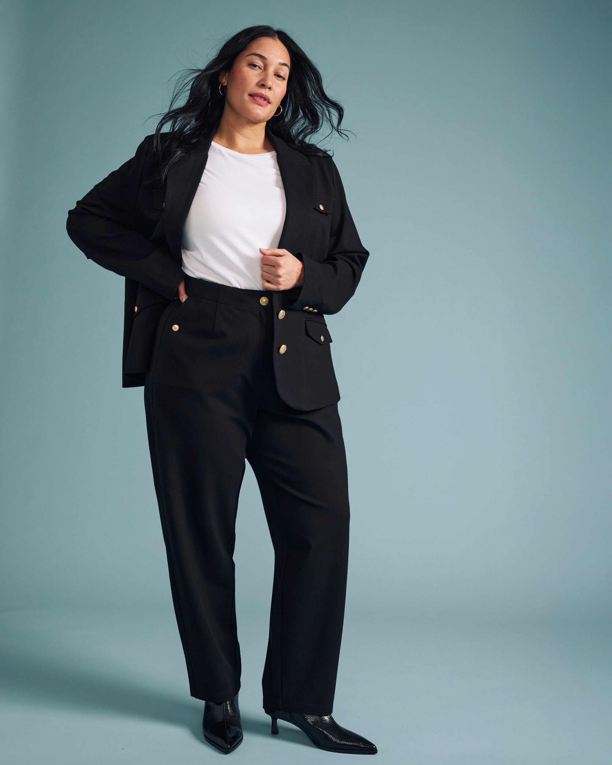 Audrey Tailored Ponte Pants - Black with Gold Buttons
