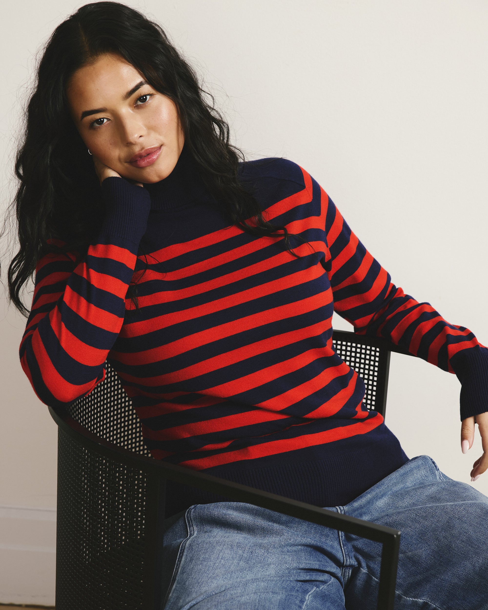 Renee Savvy Fine Knit Raglan Turtleneck - Navy/Red Stripes
